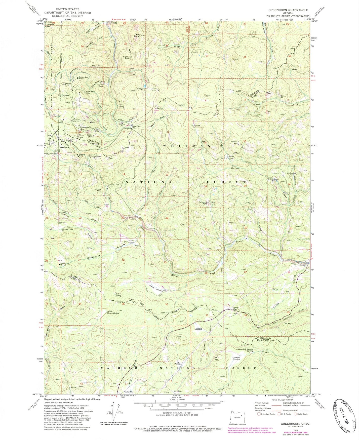 Classic USGS Greenhorn Oregon 7.5'x7.5' Topo Map Image