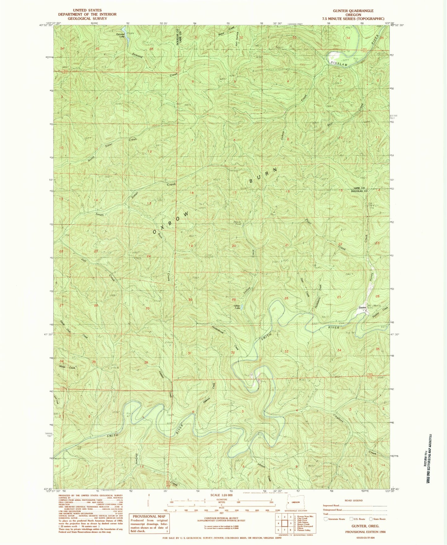 Classic USGS Gunter Oregon 7.5'x7.5' Topo Map Image