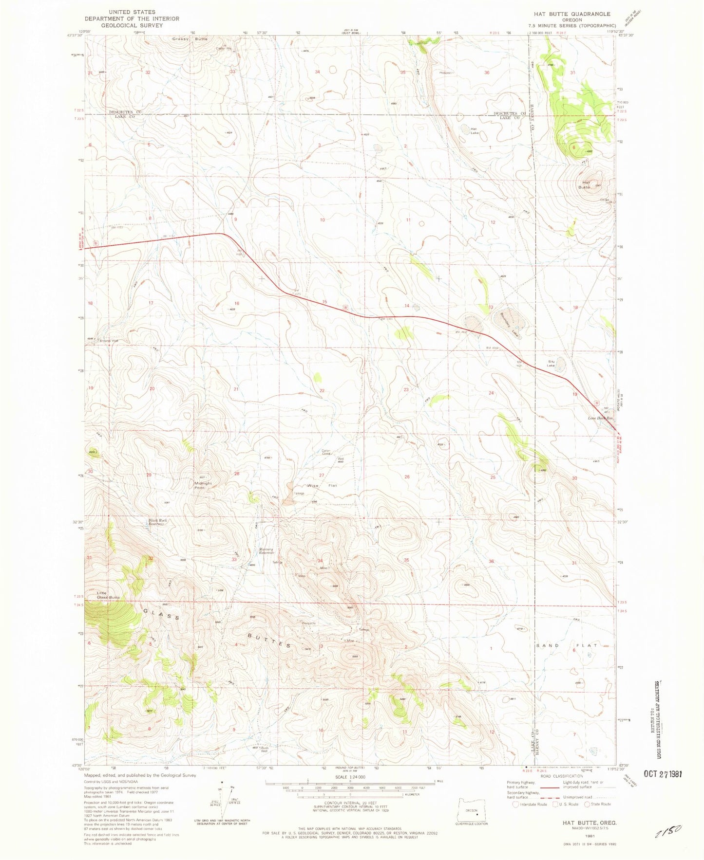 Classic USGS Hat Butte Oregon 7.5'x7.5' Topo Map Image