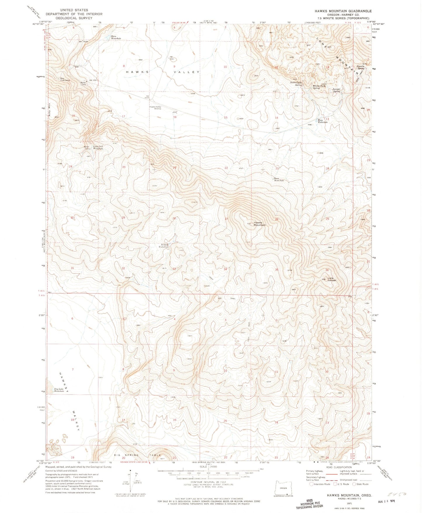 Classic USGS Hawks Mountain Oregon 7.5'x7.5' Topo Map Image