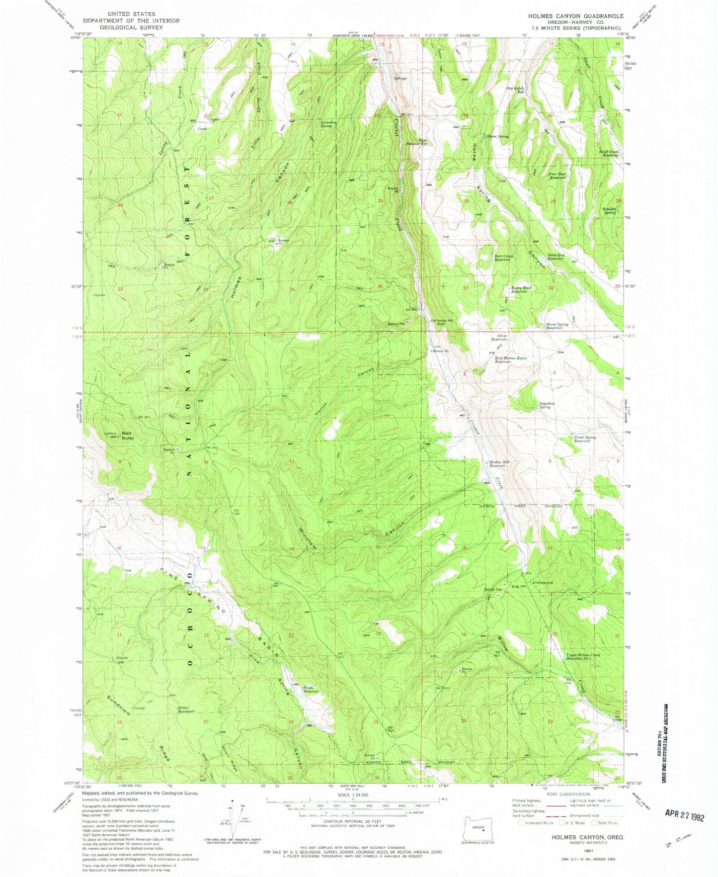 Classic USGS Holmes Canyon Oregon 7.5'x7.5' Topo Map Image