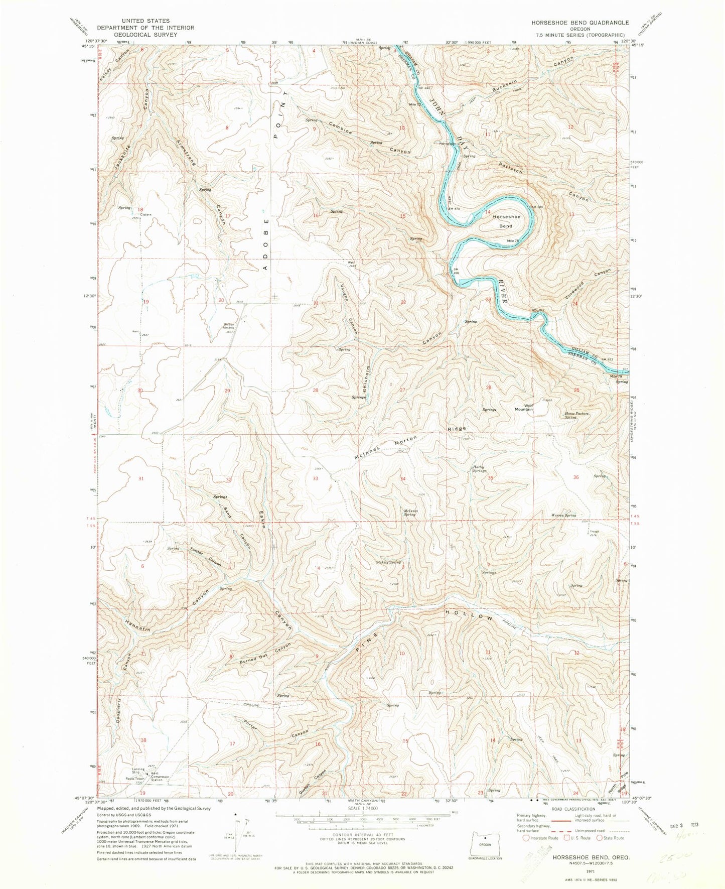 Classic USGS Horseshoe Bend Oregon 7.5'x7.5' Topo Map Image