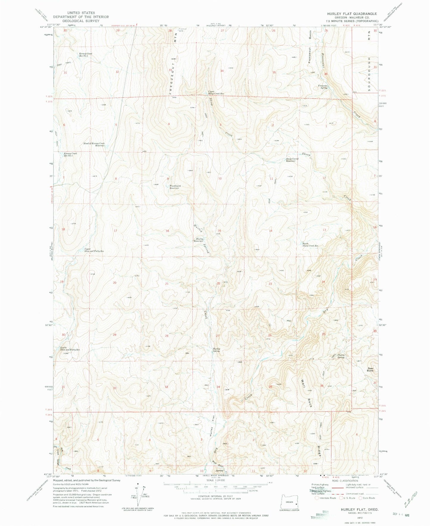 Classic USGS Hurley Flat Oregon 7.5'x7.5' Topo Map Image