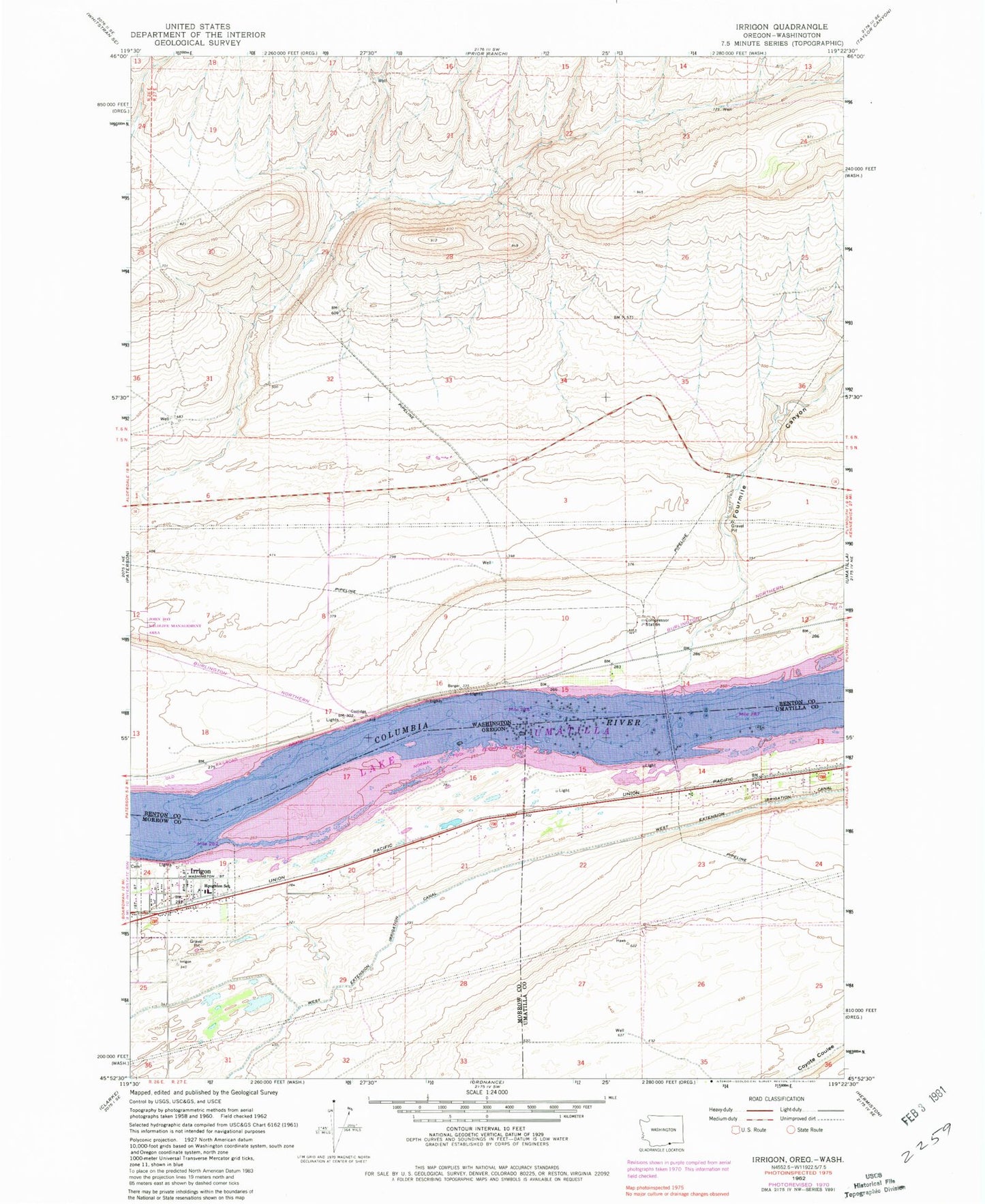 Classic USGS Irrigon Oregon 7.5'x7.5' Topo Map Image