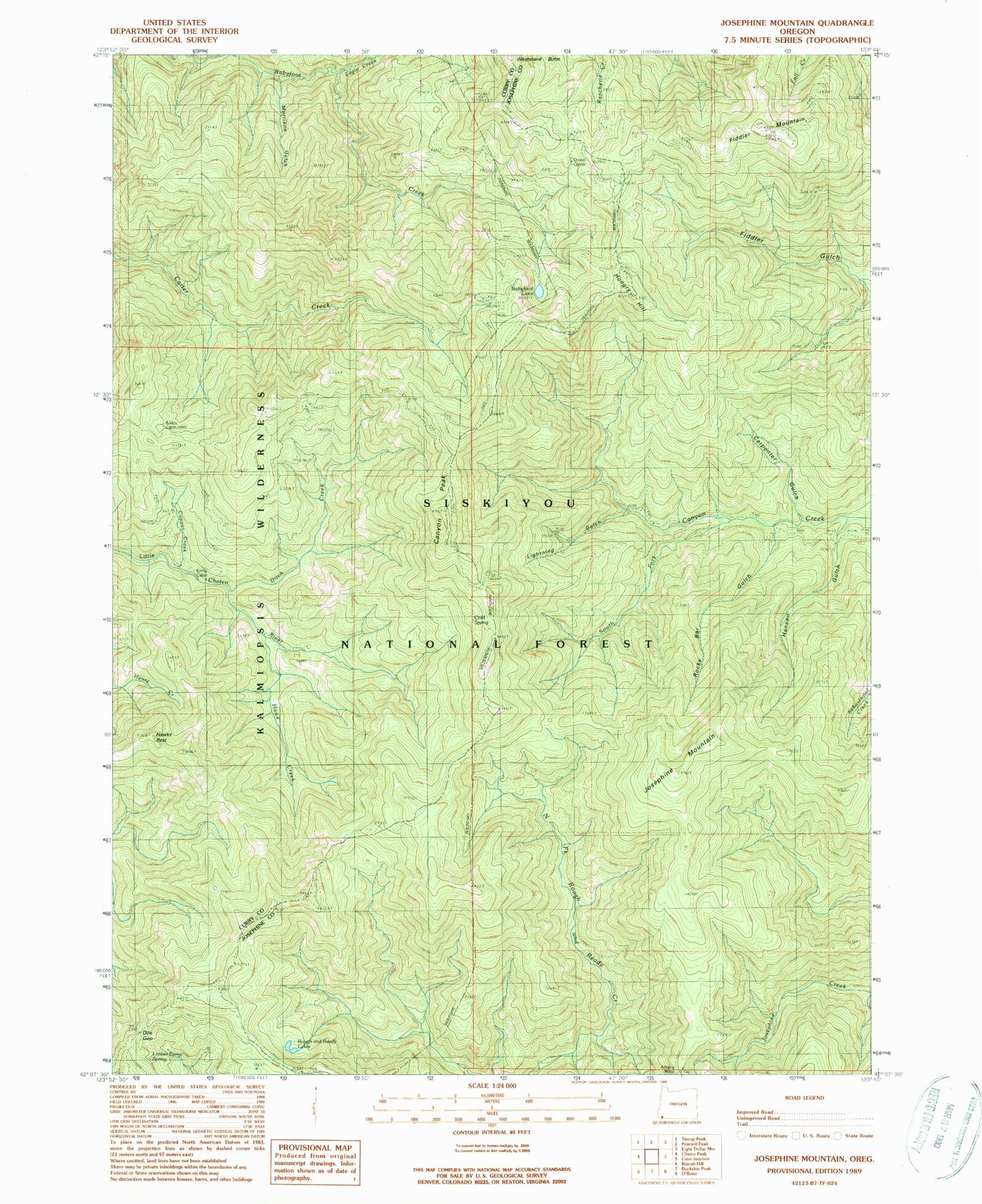 Classic USGS Josephine Mountain Oregon 7.5'x7.5' Topo Map Image