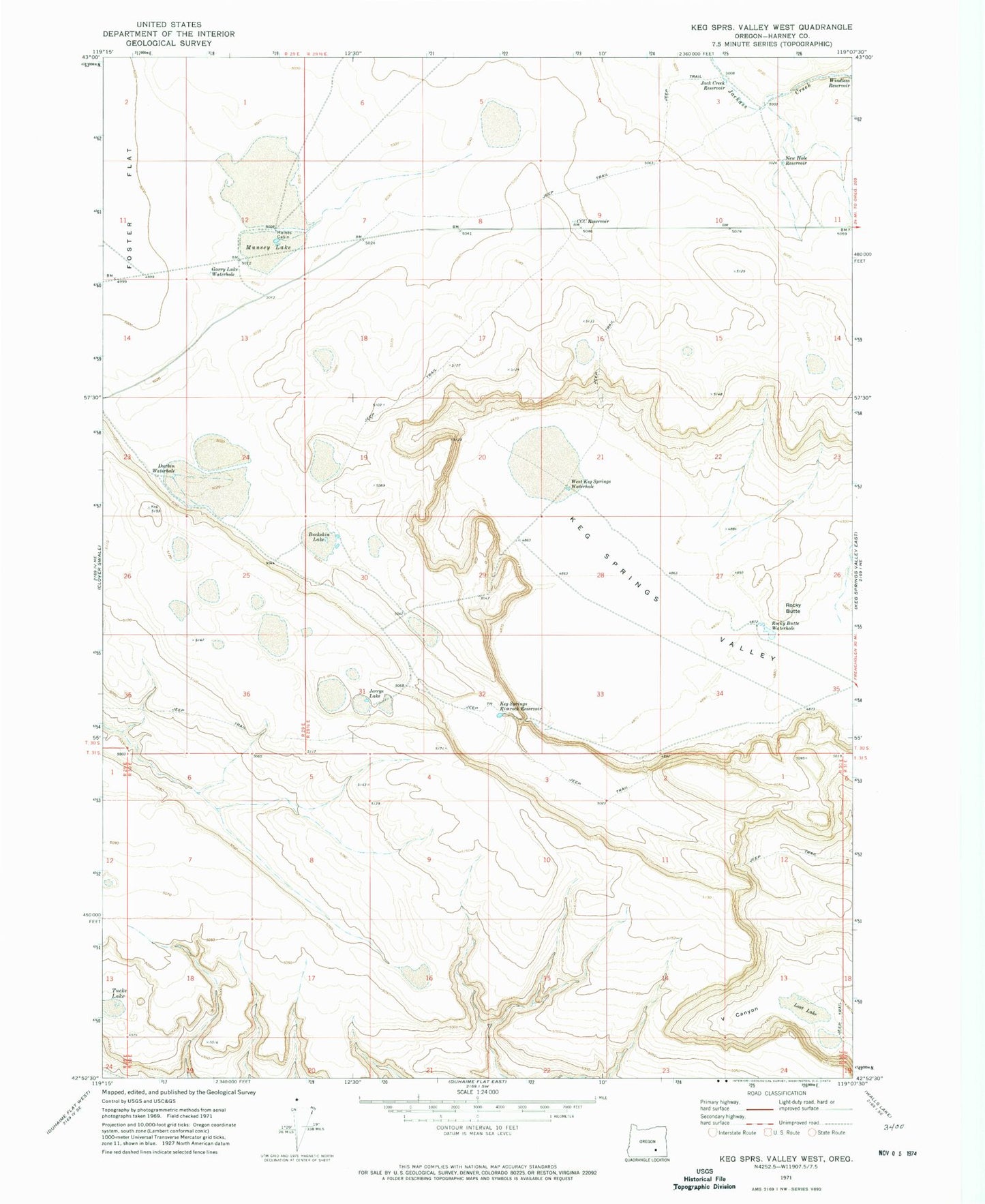 Classic USGS Keg Springs Valley West Oregon 7.5'x7.5' Topo Map Image