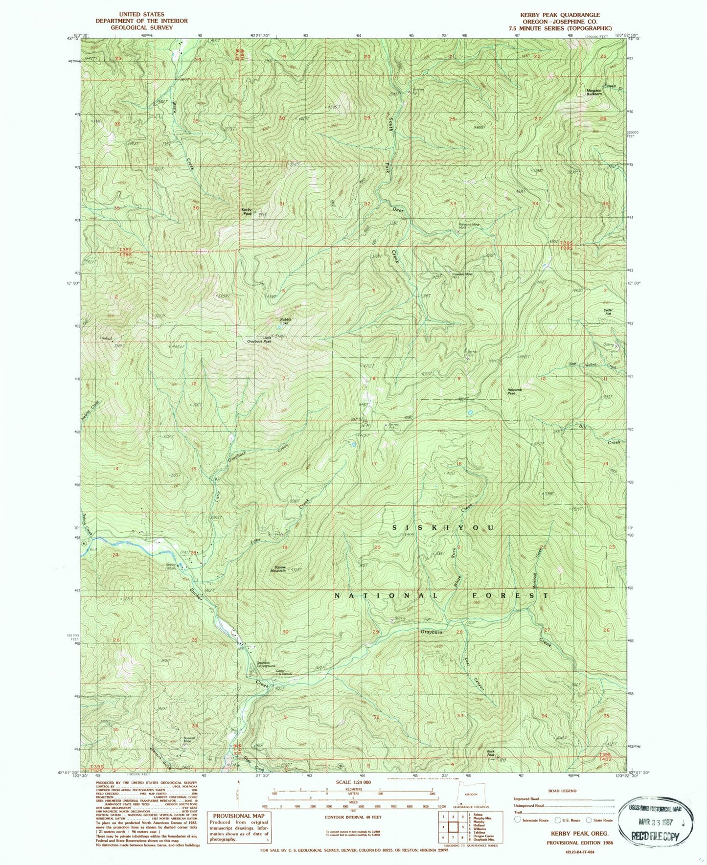 Classic USGS Kerby Peak Oregon 7.5'x7.5' Topo Map Image