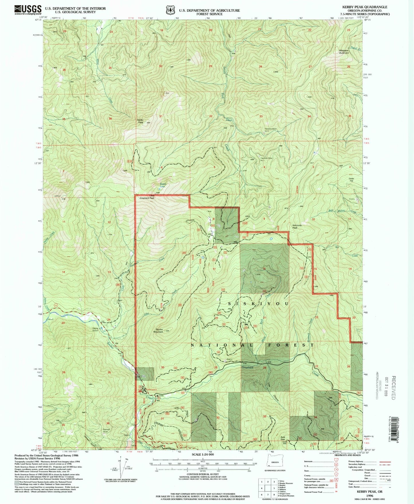 Classic USGS Kerby Peak Oregon 7.5'x7.5' Topo Map Image