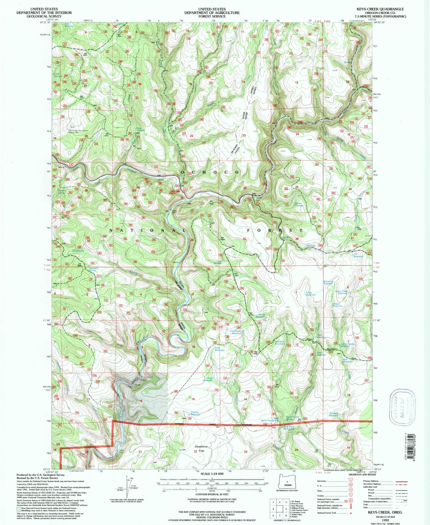 Classic USGS Keys Creek Oregon 7.5'x7.5' Topo Map Image