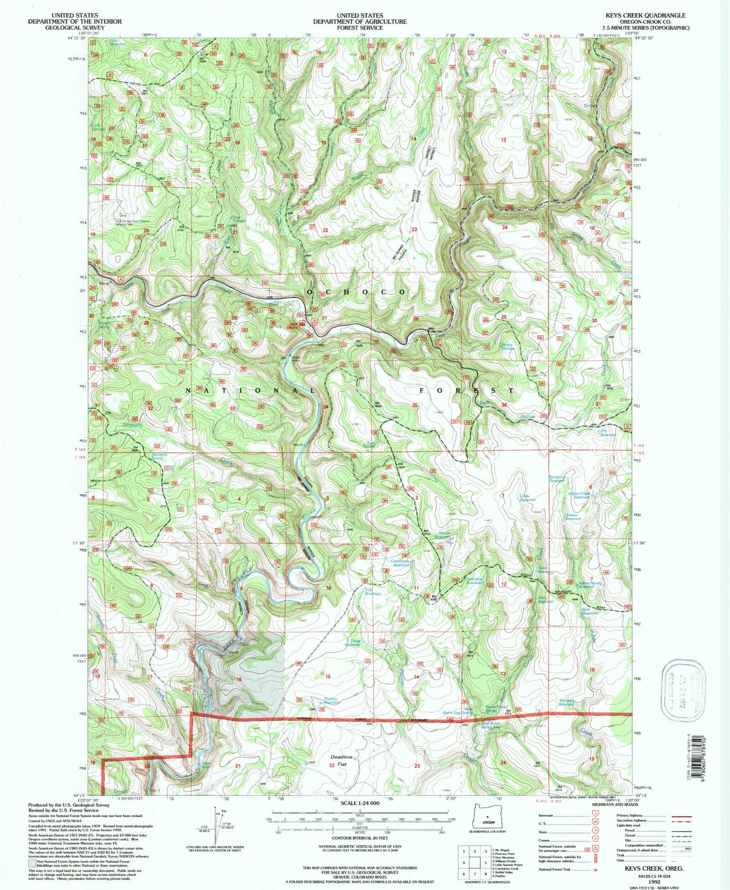Classic USGS Keys Creek Oregon 7.5'x7.5' Topo Map Image