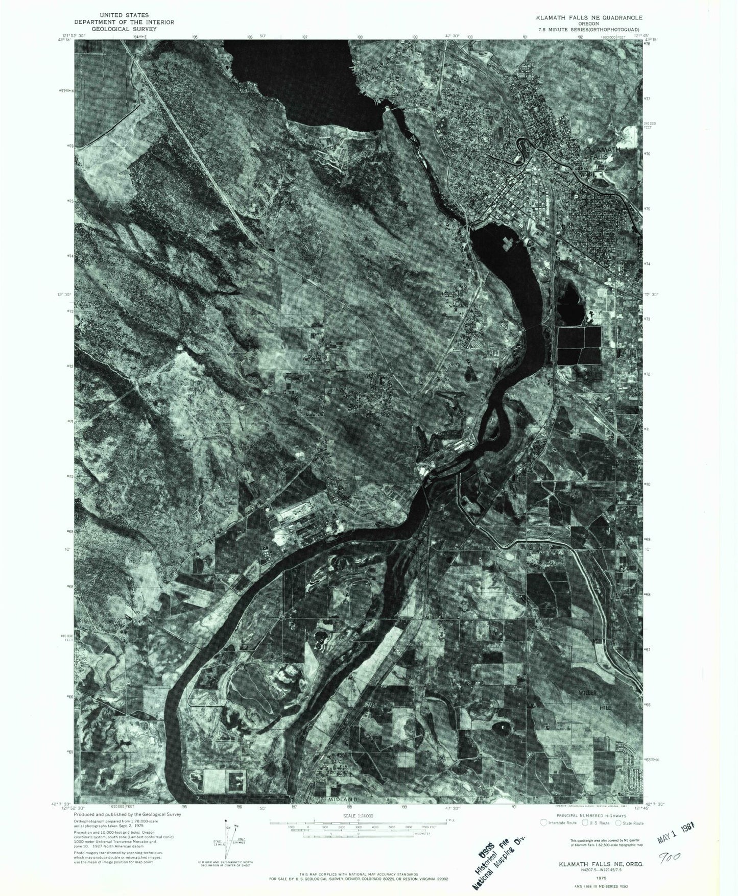 Classic USGS Klamath Falls Oregon 7.5'x7.5' Topo Map Image
