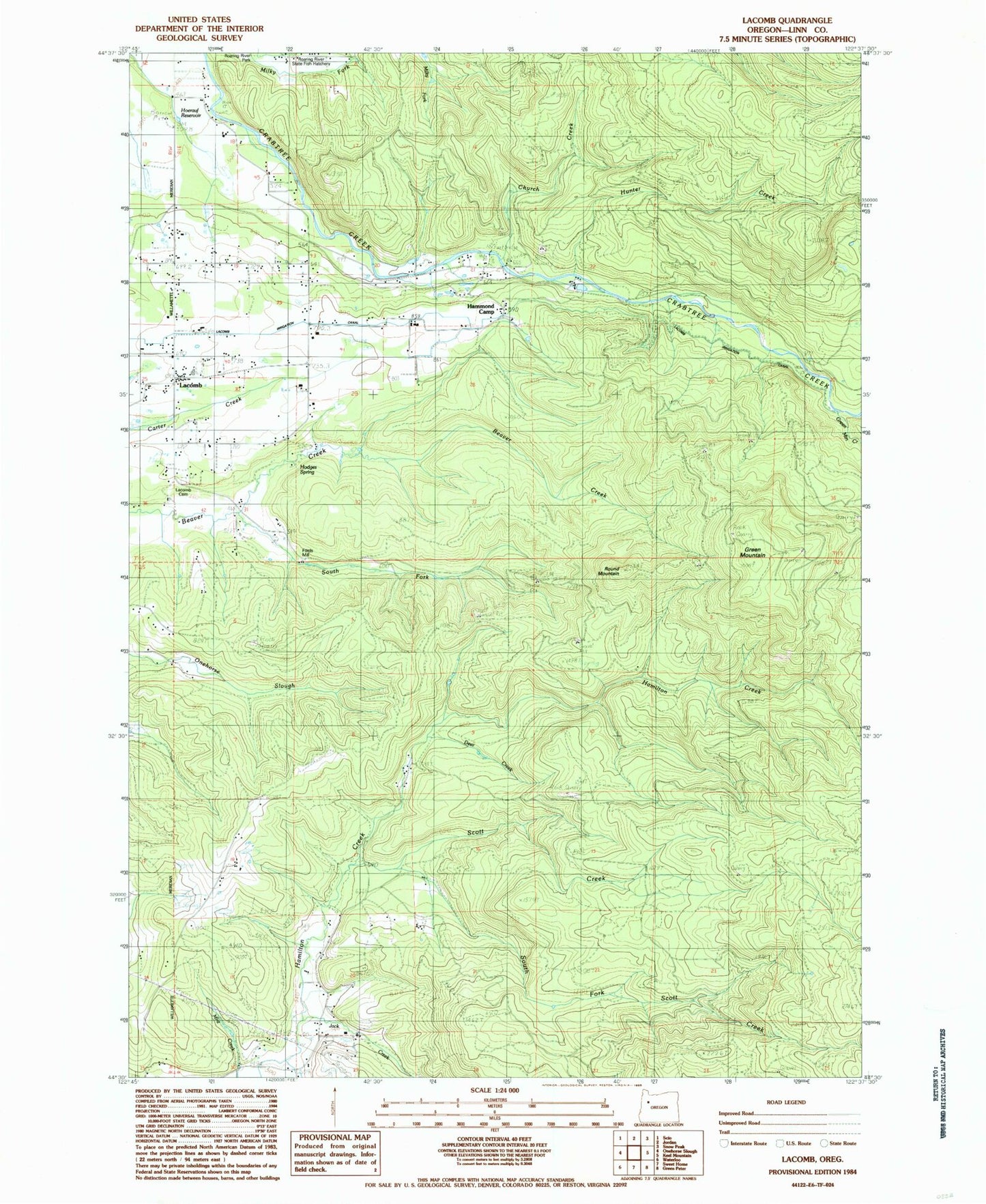 Classic USGS Lacomb Oregon 7.5'x7.5' Topo Map Image