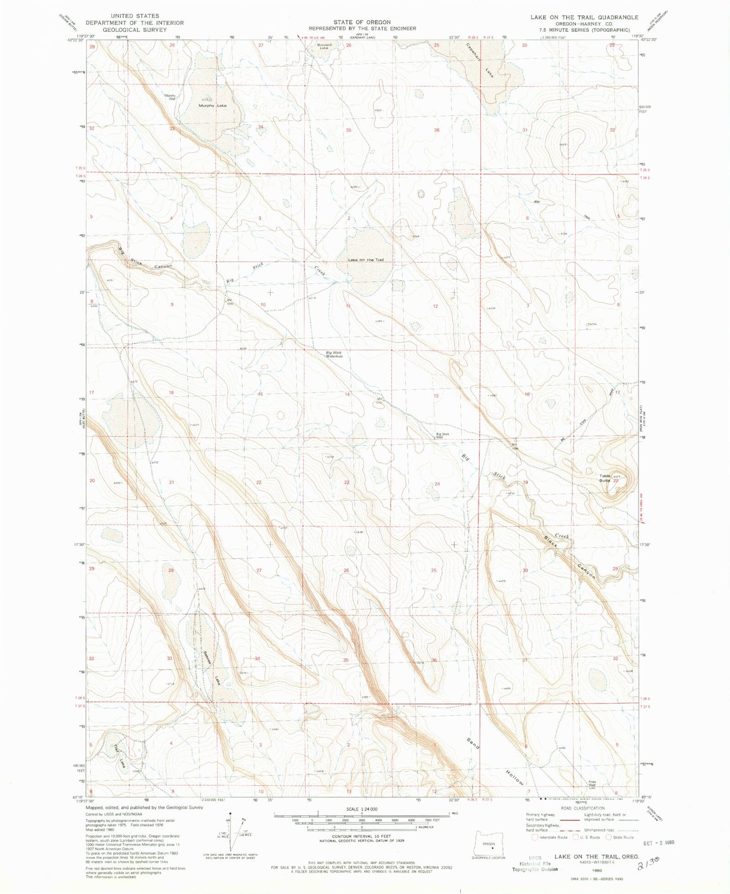 Classic USGS Lake on the Trail Oregon 7.5'x7.5' Topo Map Image