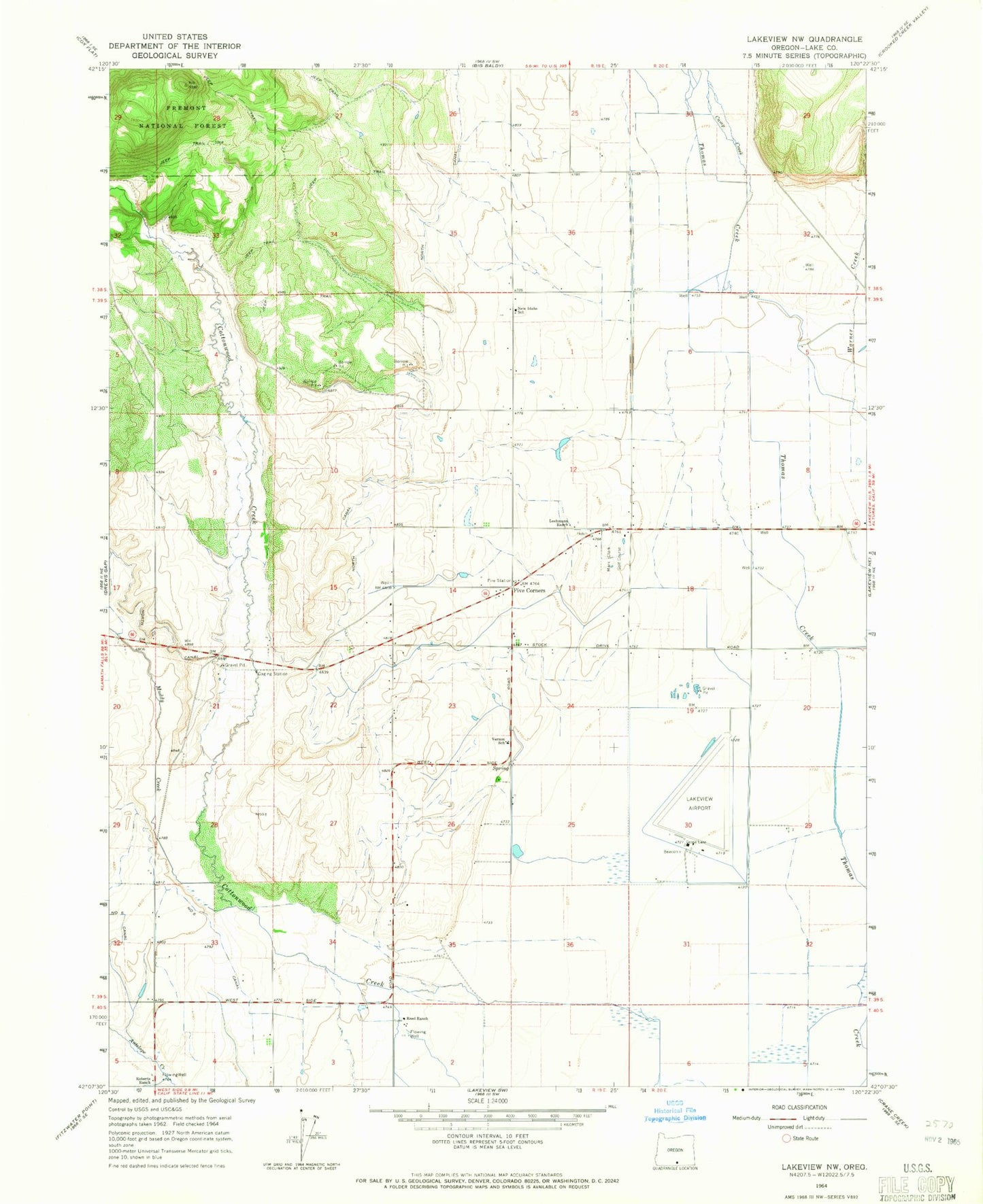 Classic USGS Lakeview Airport Oregon 7.5'x7.5' Topo Map Image