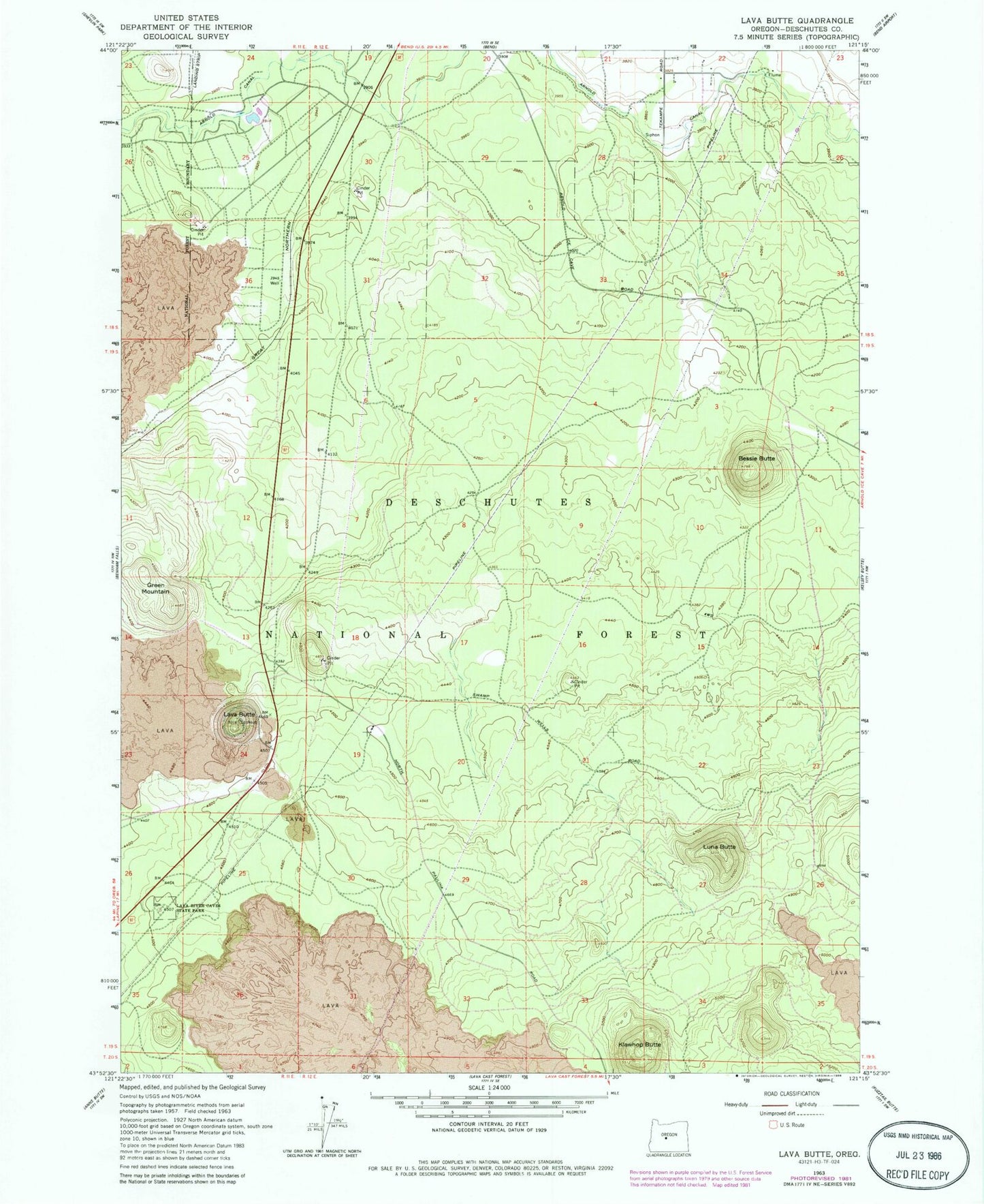 Classic USGS Lava Butte Oregon 7.5'x7.5' Topo Map Image