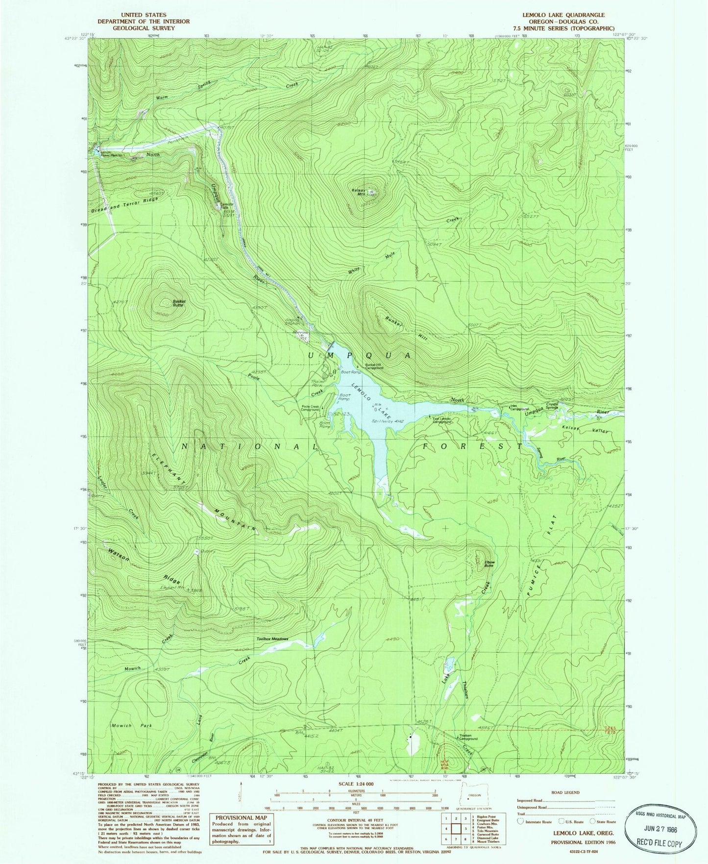 Classic USGS Lemolo Lake Oregon 7.5'x7.5' Topo Map Image