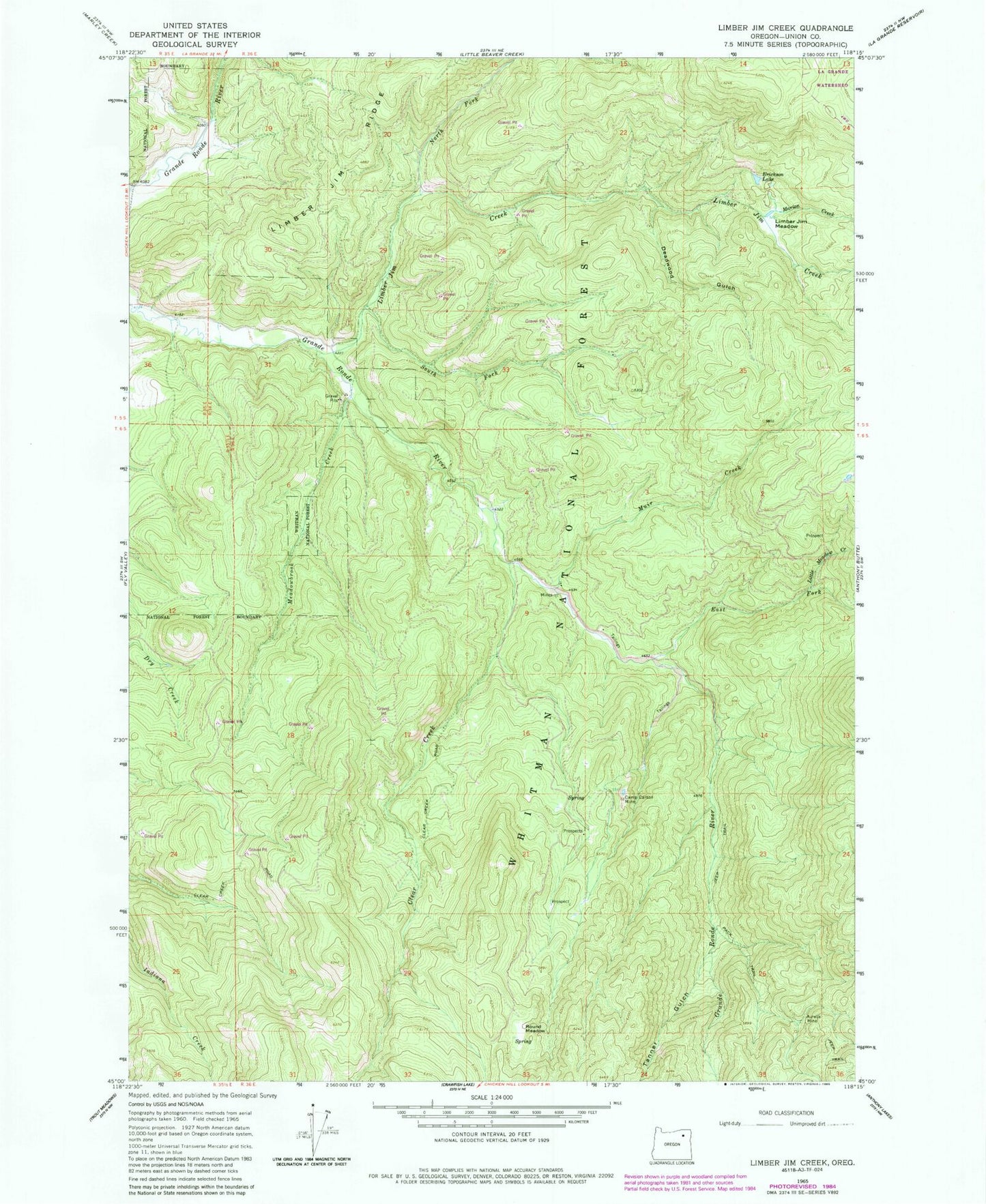 Classic USGS Limber Jim Creek Oregon 7.5'x7.5' Topo Map Image