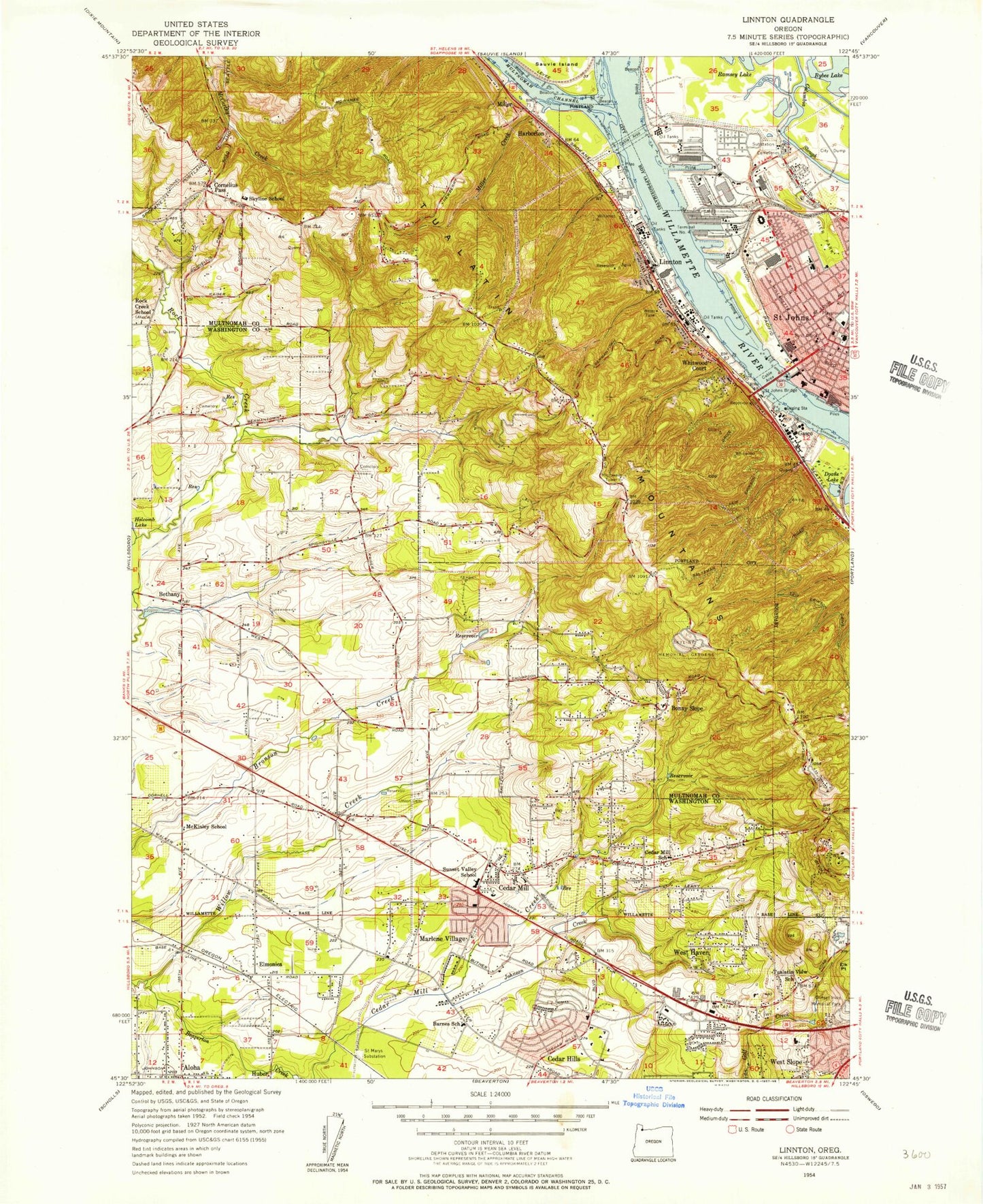 Classic USGS Linnton Oregon 7.5'x7.5' Topo Map Image