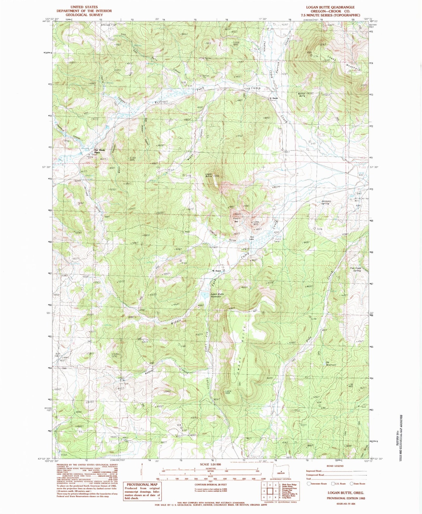 Classic USGS Logan Butte Oregon 7.5'x7.5' Topo Map Image