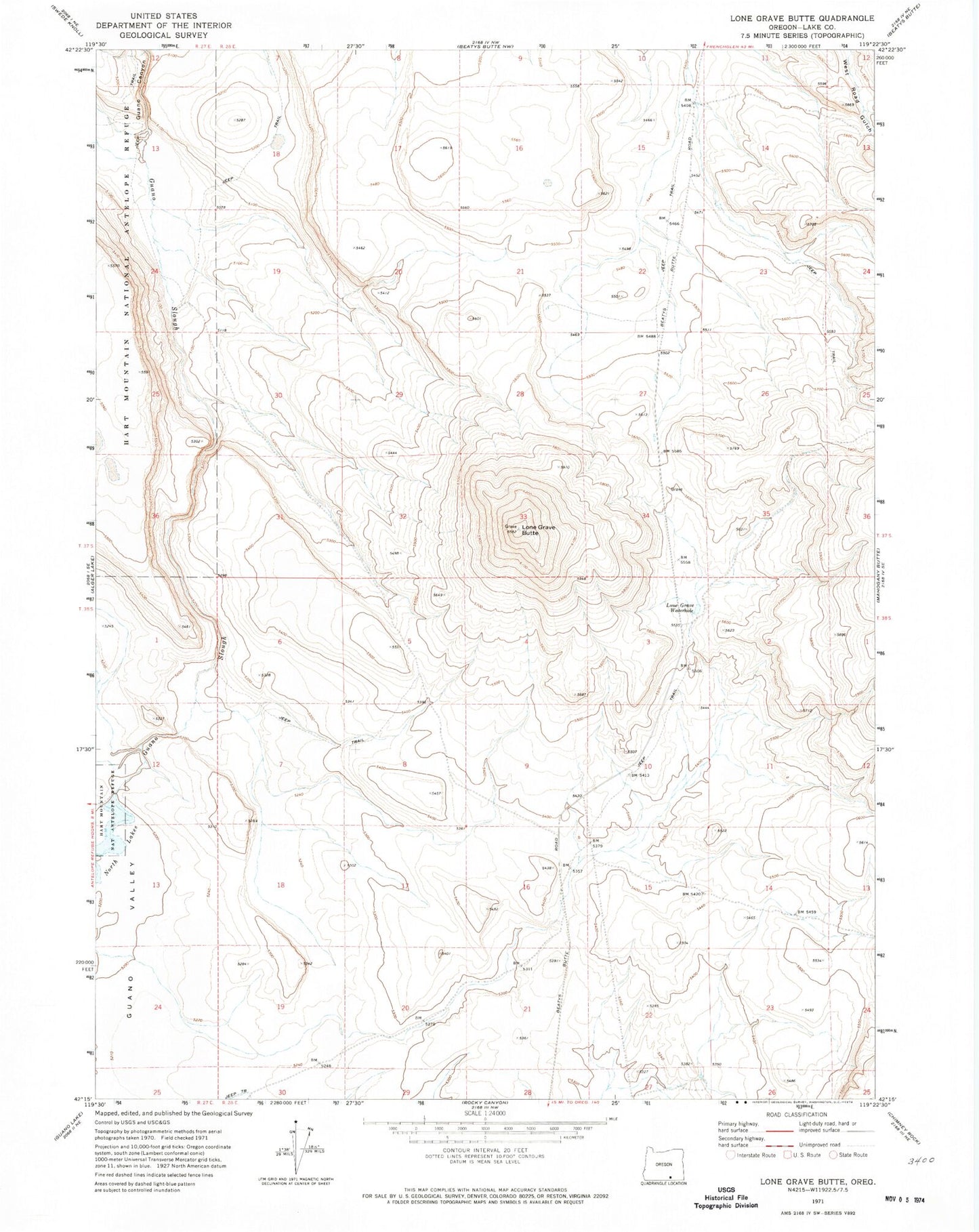 Classic USGS Lone Grave Butte Oregon 7.5'x7.5' Topo Map Image