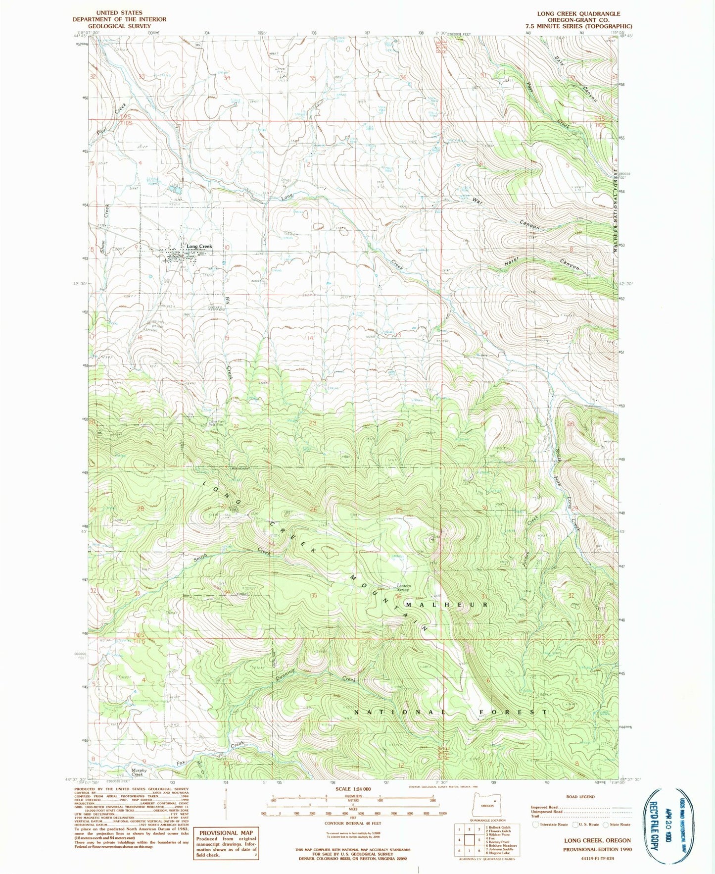 Classic USGS Long Creek Oregon 7.5'x7.5' Topo Map Image