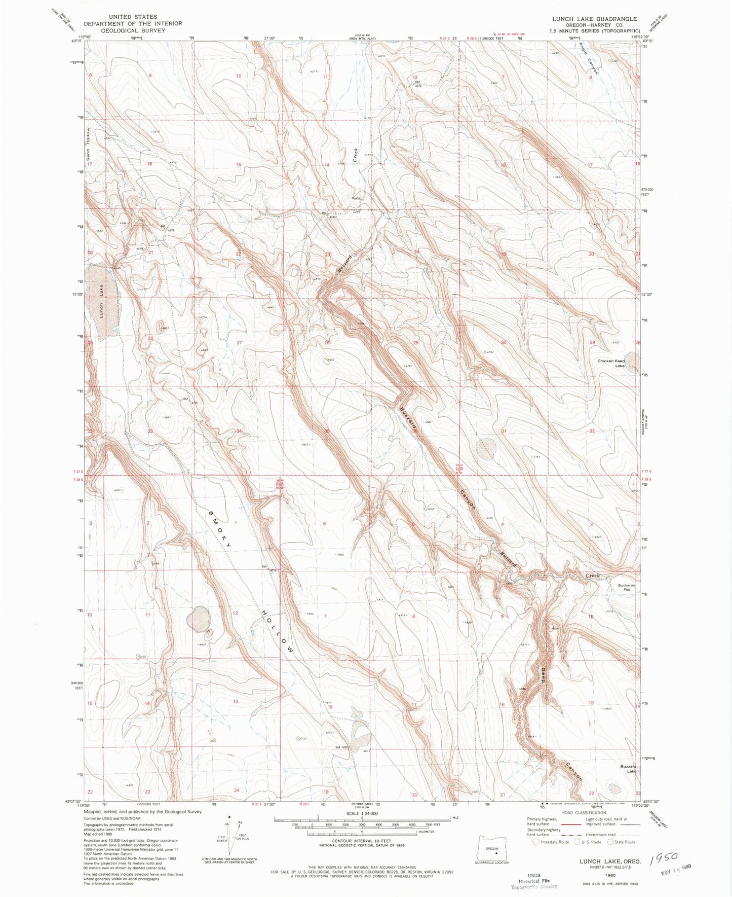 Classic USGS Lunch Lake Oregon 7.5'x7.5' Topo Map Image