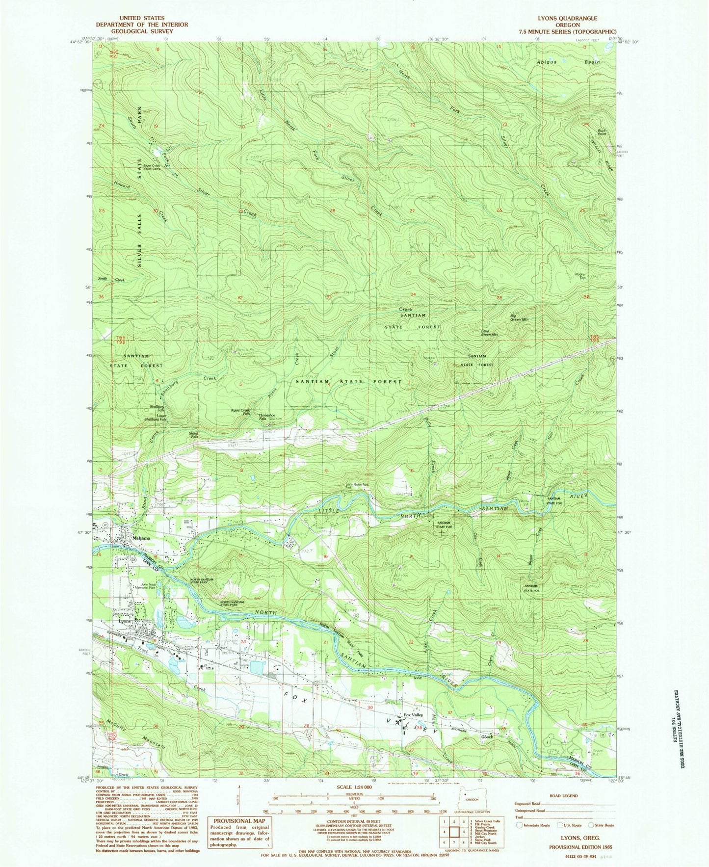 Classic USGS Lyons Oregon 7.5'x7.5' Topo Map Image