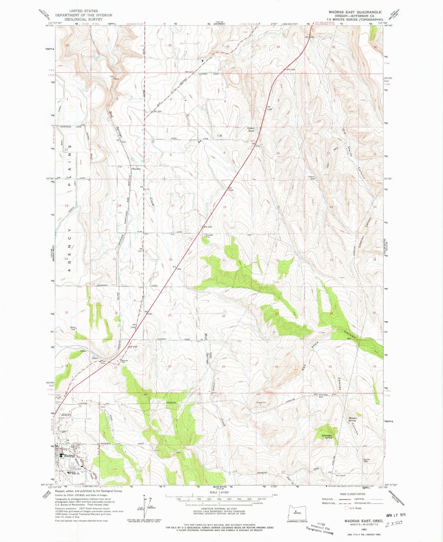 Classic USGS Madras East Oregon 7.5'x7.5' Topo Map Image