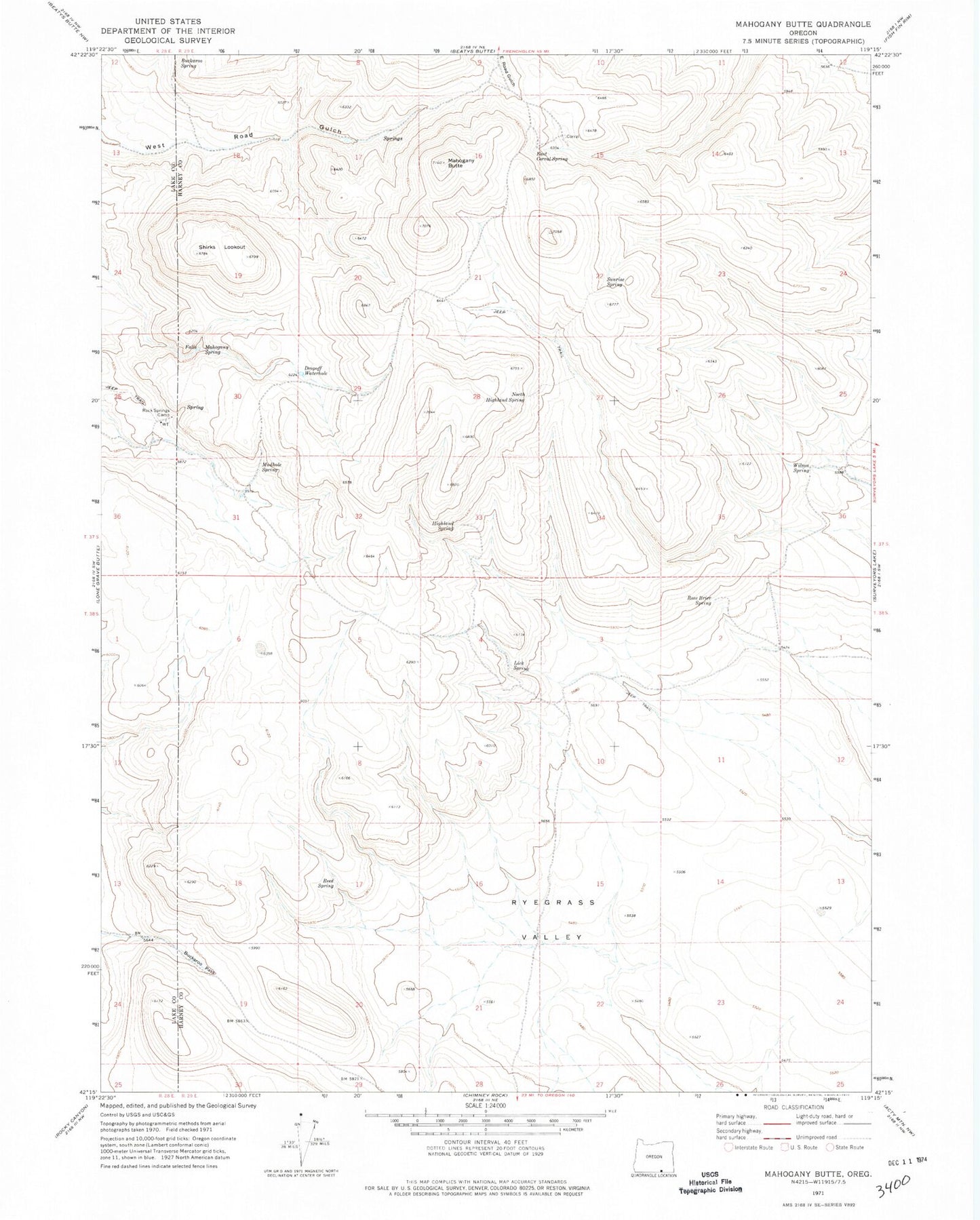 Classic USGS Mahogany Butte Oregon 7.5'x7.5' Topo Map Image