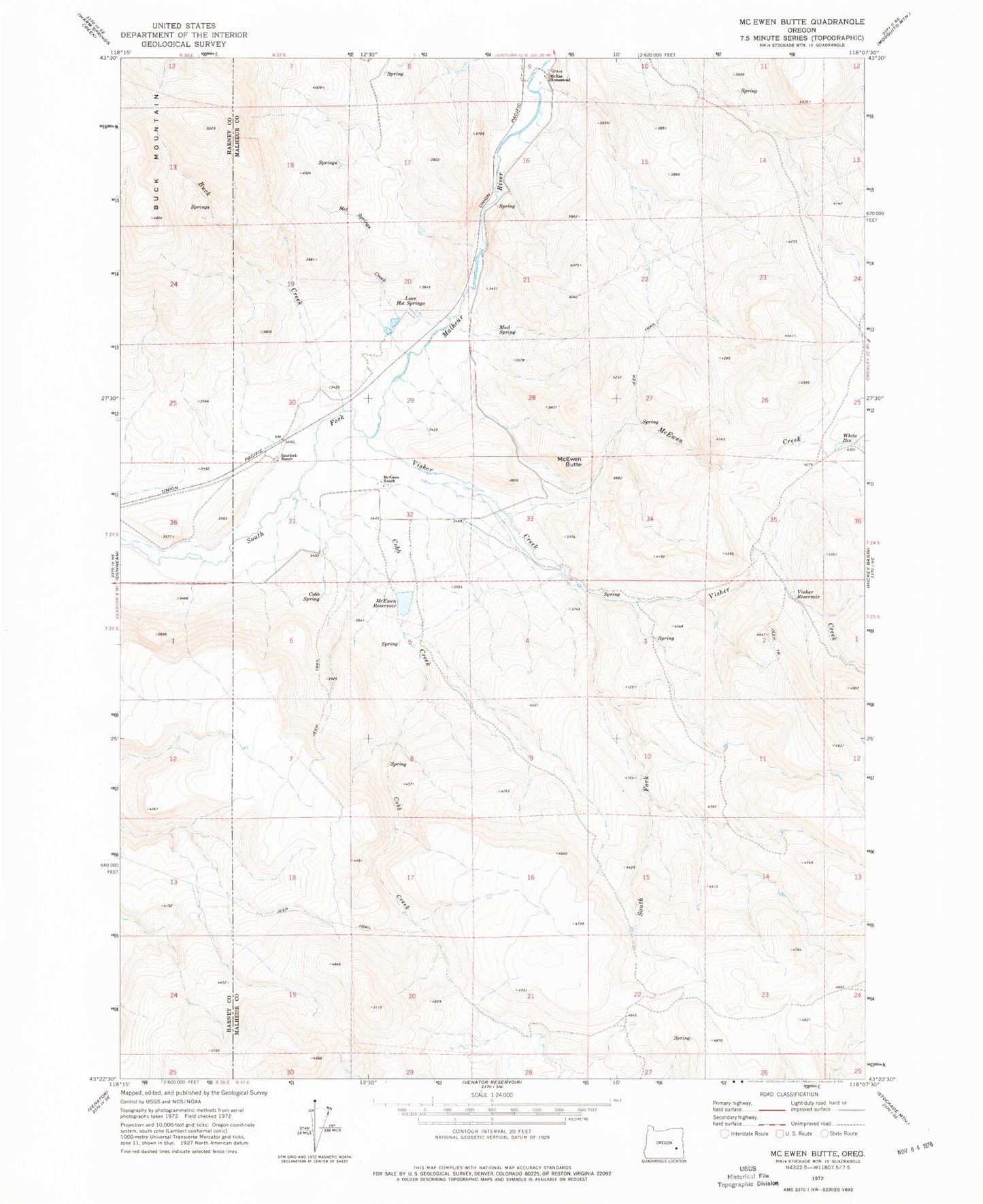 Classic USGS McEwen Butte Oregon 7.5'x7.5' Topo Map Image