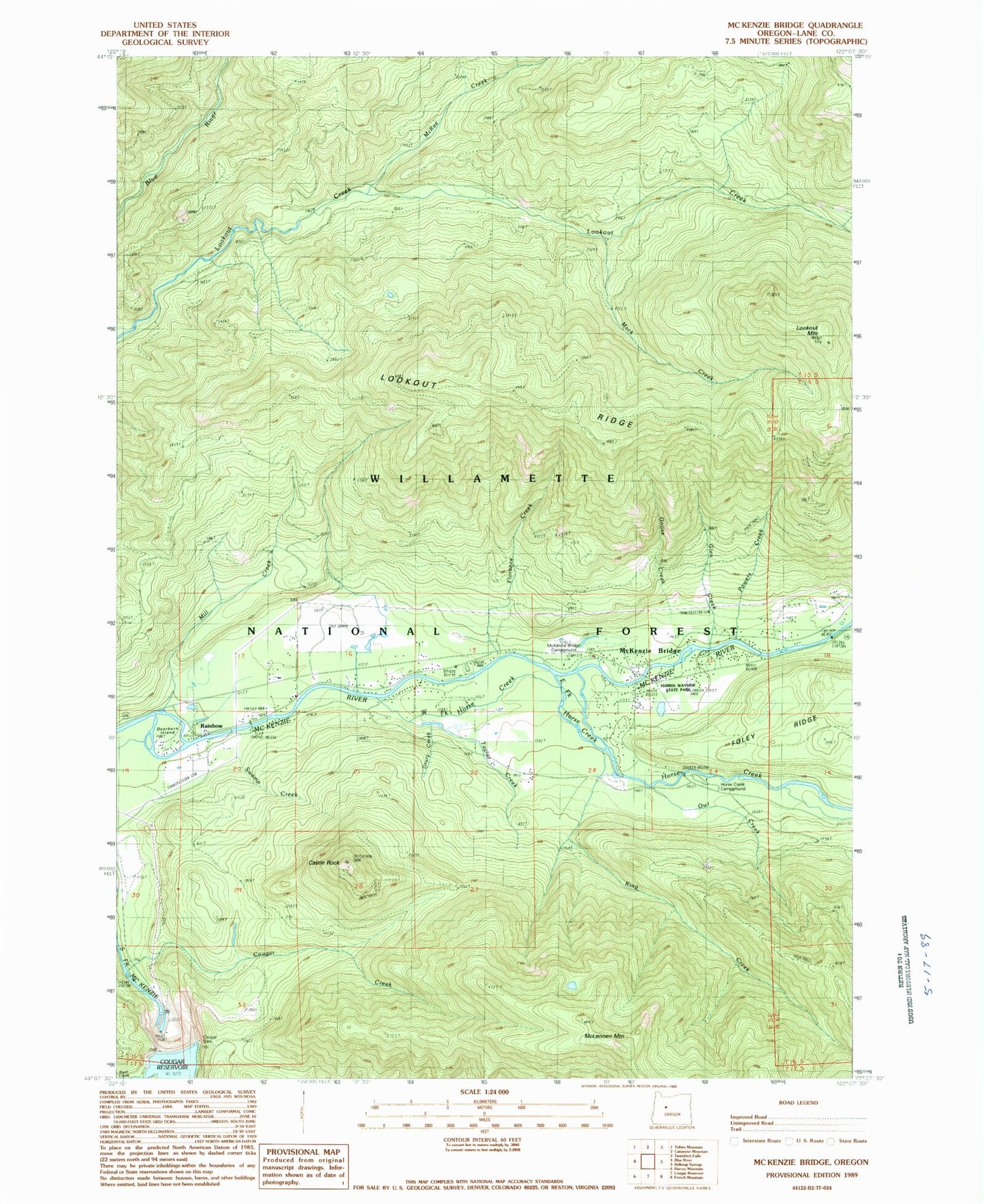 Classic USGS McKenzie Bridge Oregon 7.5'x7.5' Topo Map Image