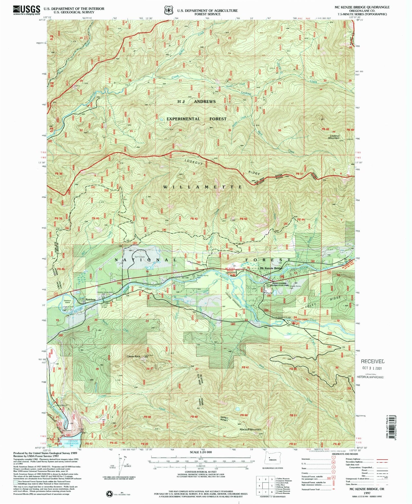 Classic USGS McKenzie Bridge Oregon 7.5'x7.5' Topo Map Image