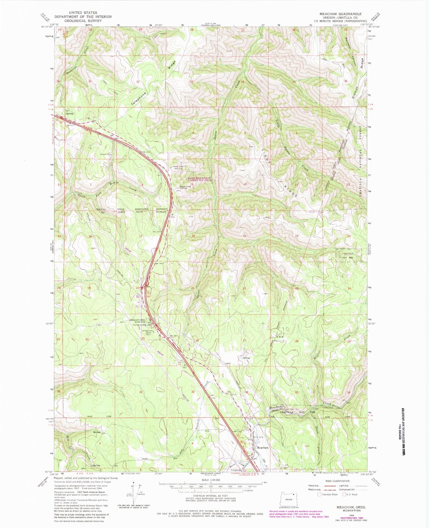 Classic USGS Meacham Oregon 7.5'x7.5' Topo Map Image