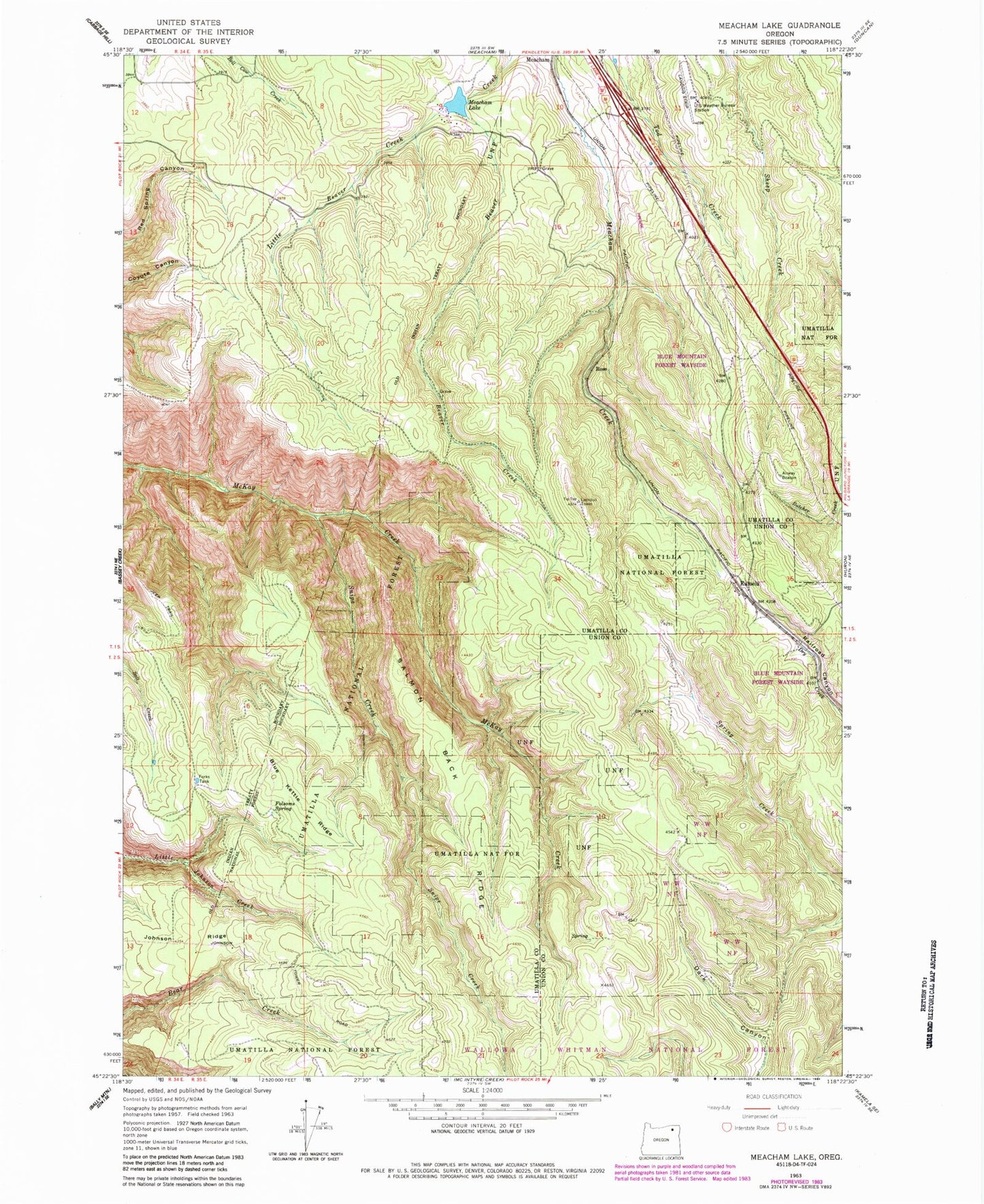 Classic USGS Meacham Lake Oregon 7.5'x7.5' Topo Map Image
