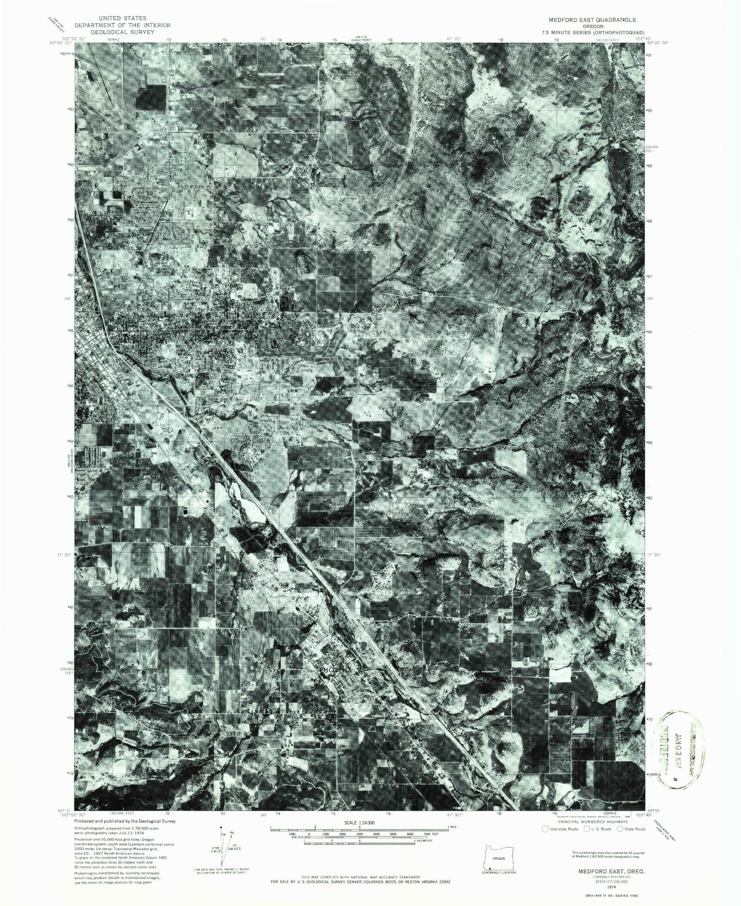 Classic USGS Medford East Oregon 7.5'x7.5' Topo Map Image