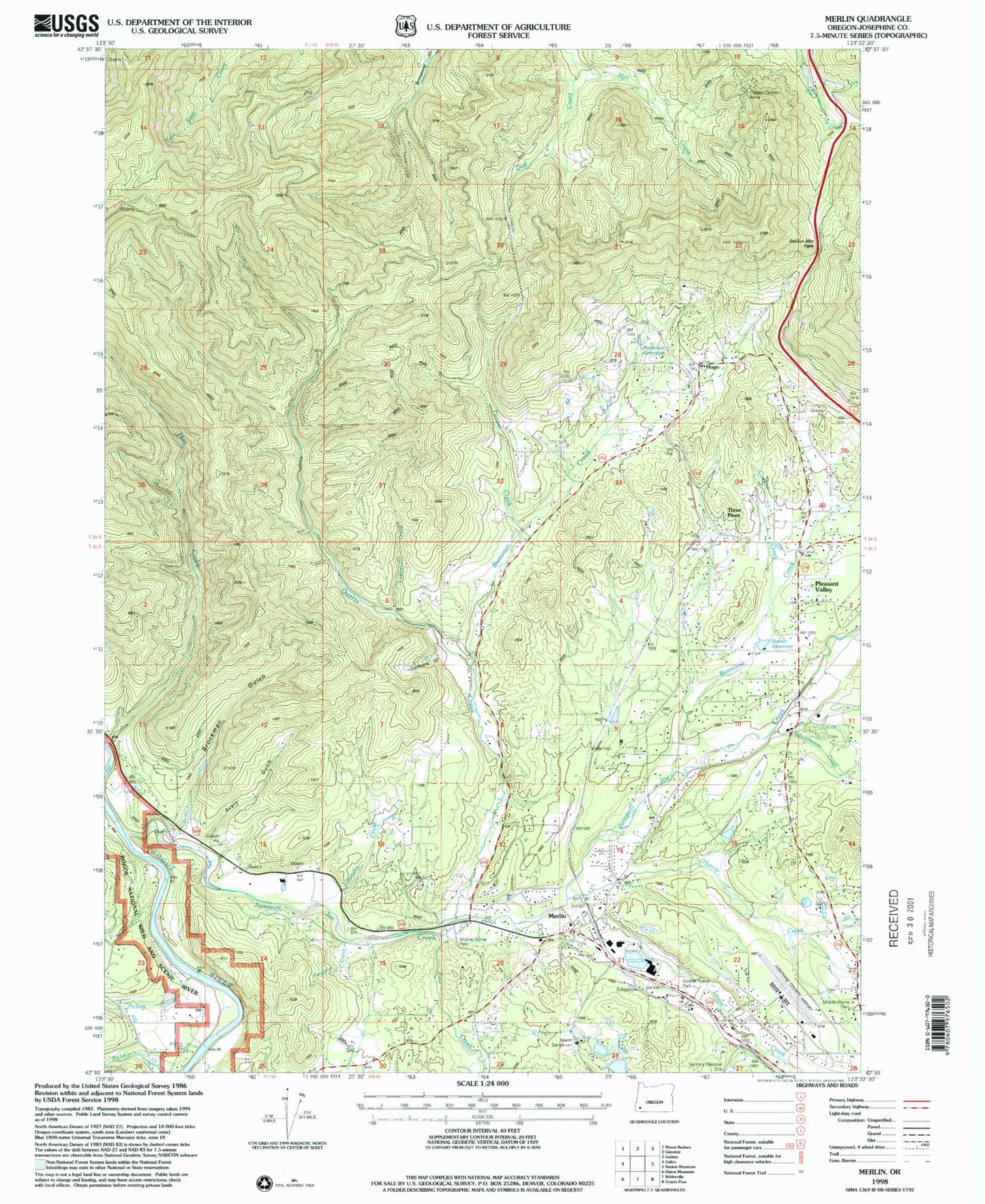 Classic USGS Merlin Oregon 7.5'x7.5' Topo Map Image