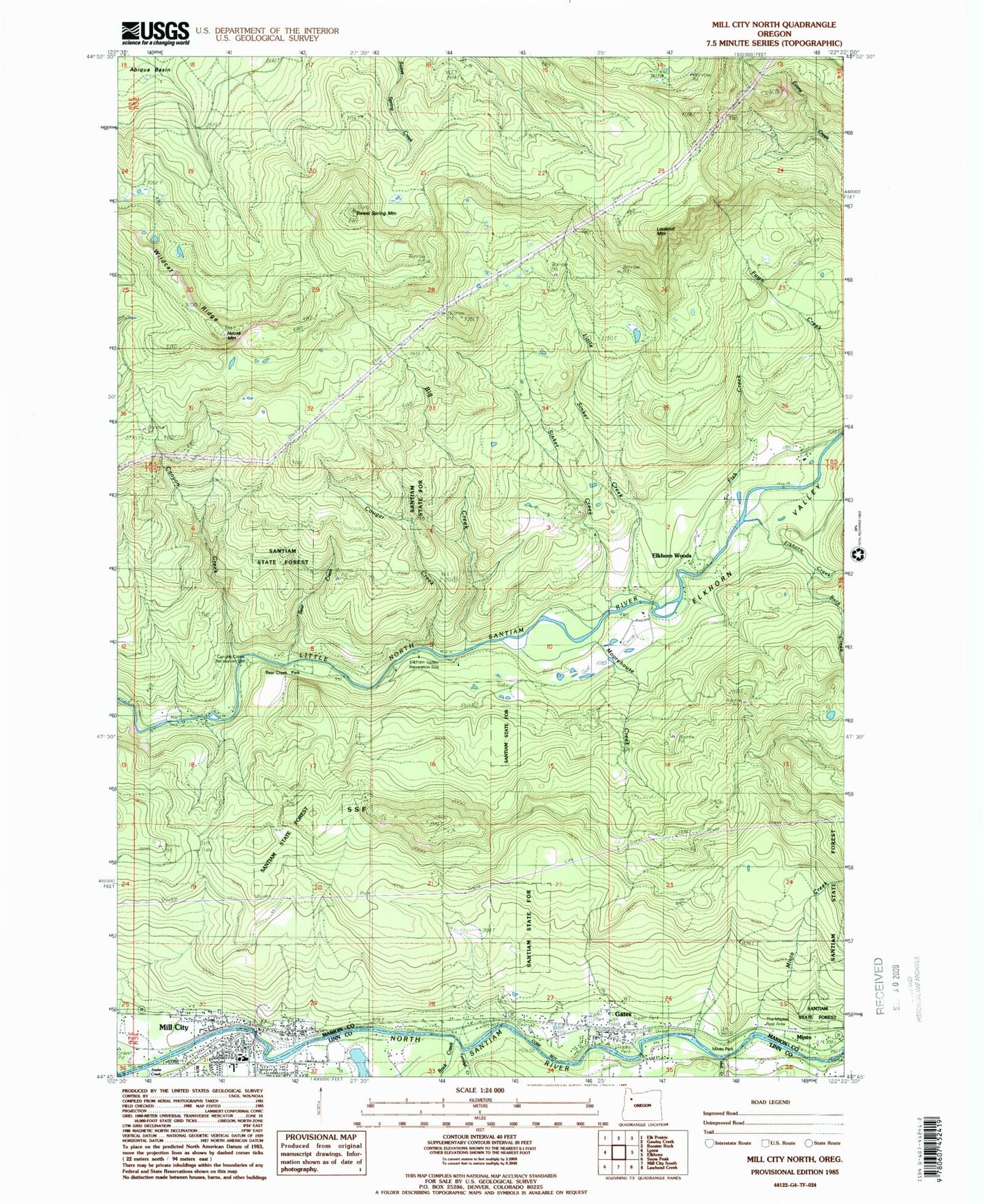Classic USGS Mill City North Oregon 7.5'x7.5' Topo Map Image