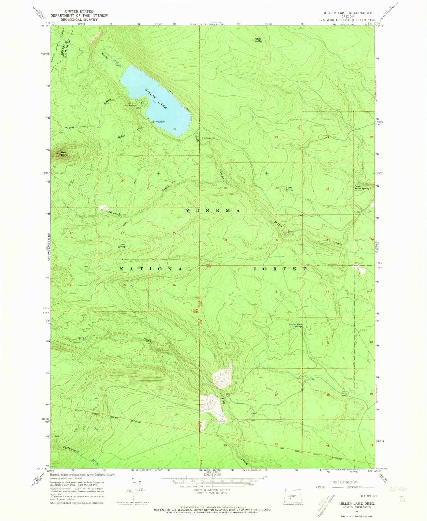 Classic USGS Miller Lake Oregon 7.5'x7.5' Topo Map Image