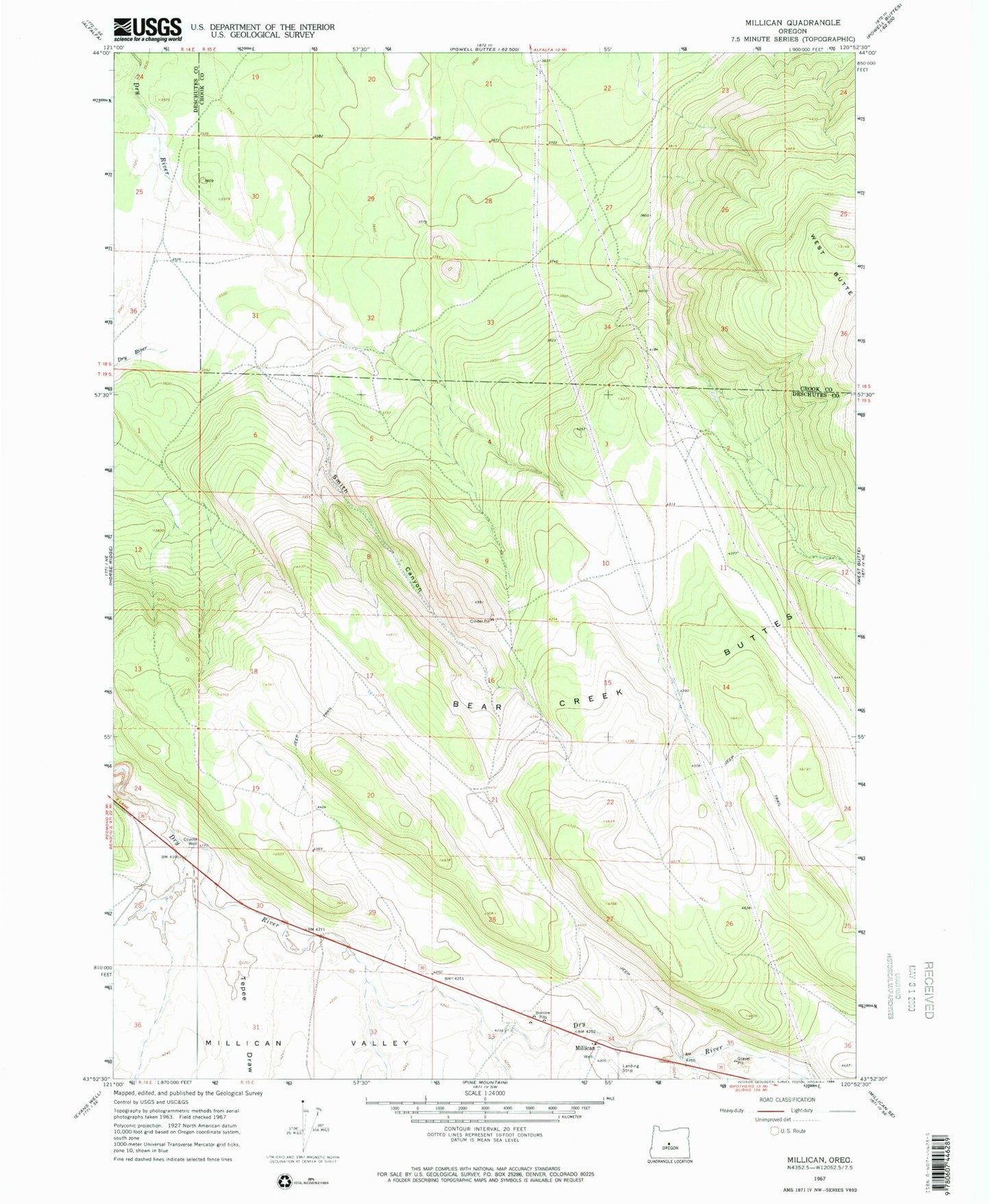 Classic USGS Millican Oregon 7.5'x7.5' Topo Map Image