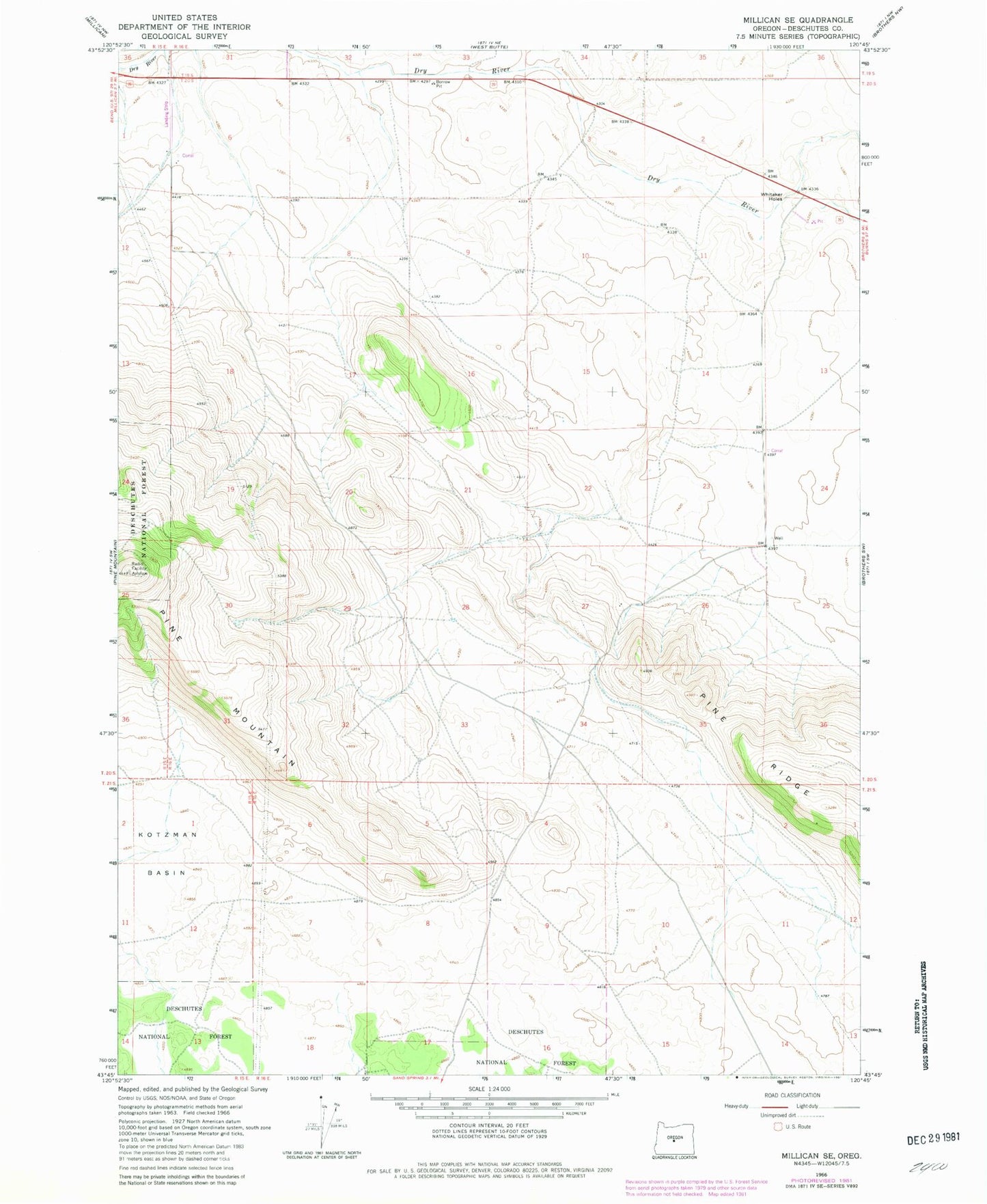 Classic USGS Millican SE Oregon 7.5'x7.5' Topo Map Image