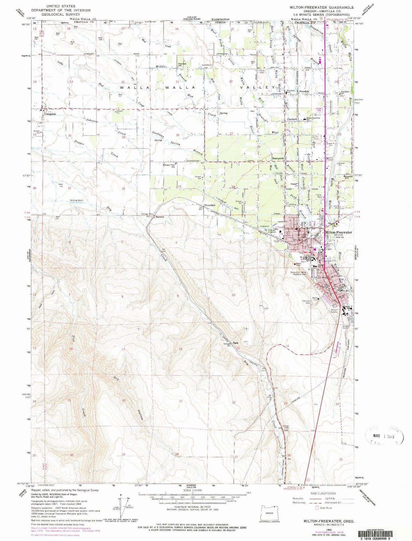 Classic USGS Milton-Freewater Oregon 7.5'x7.5' Topo Map Image
