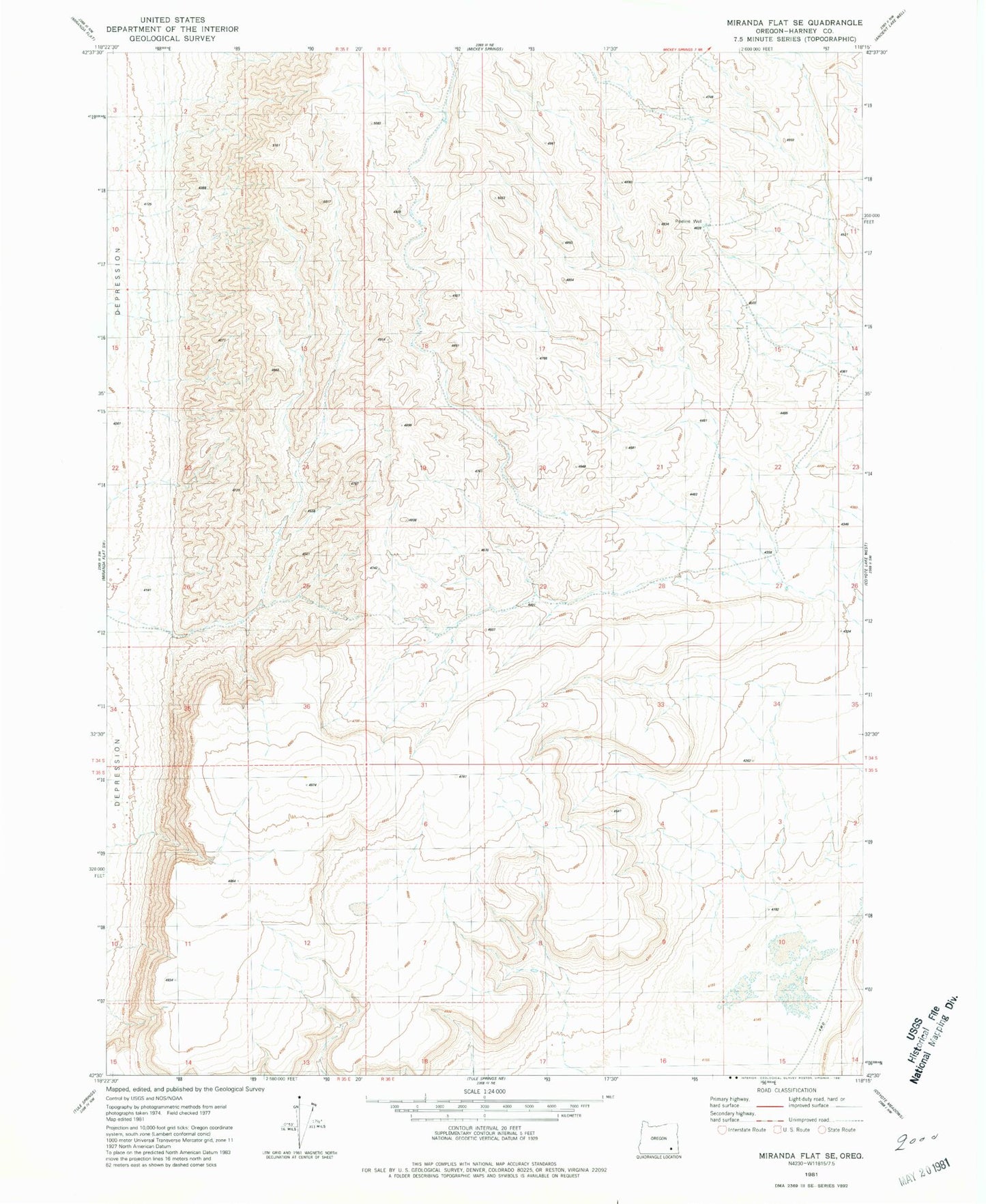 Classic USGS Miranda Flat SE Oregon 7.5'x7.5' Topo Map Image