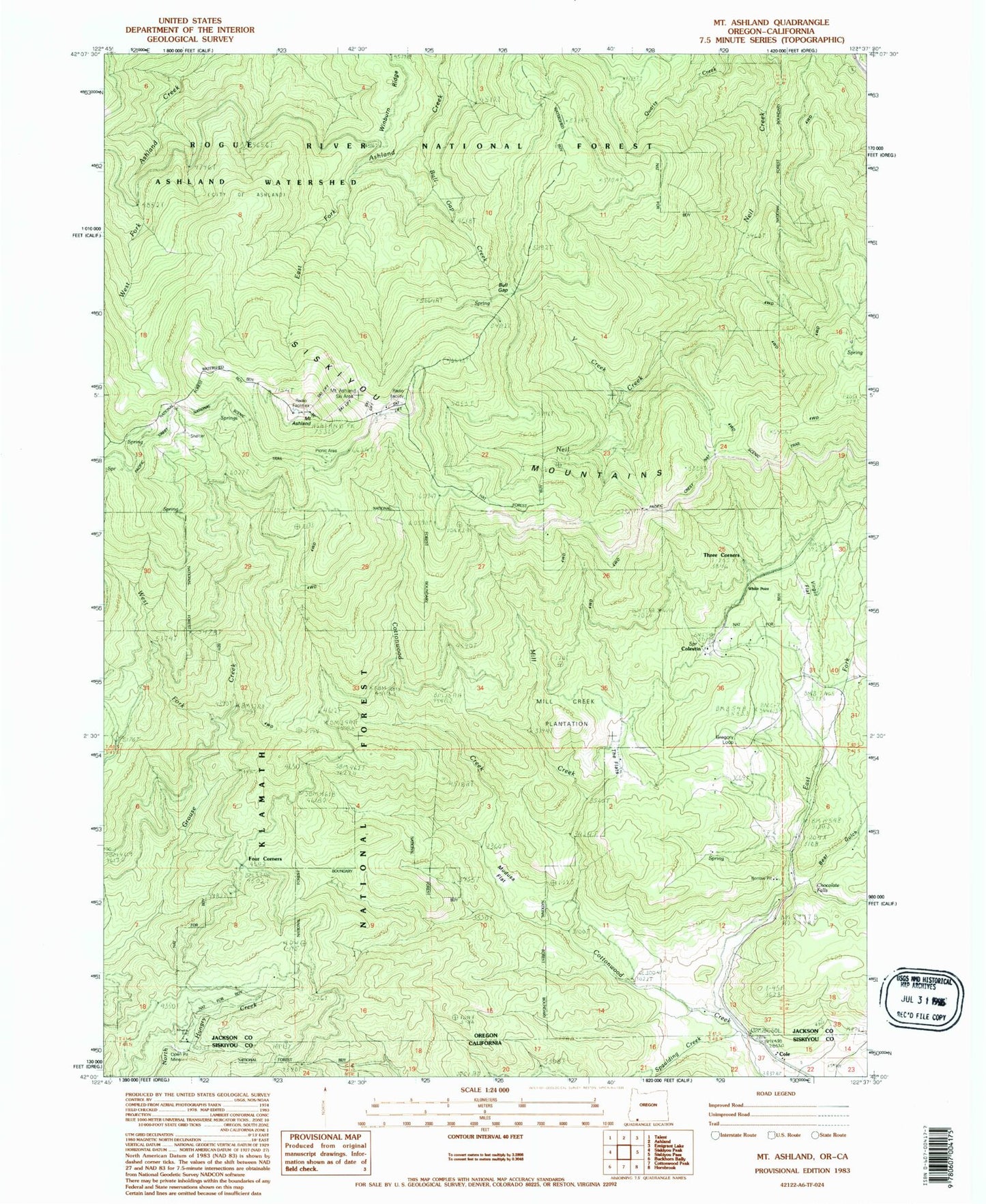 Classic USGS Mount Ashland Oregon 7.5'x7.5' Topo Map Image