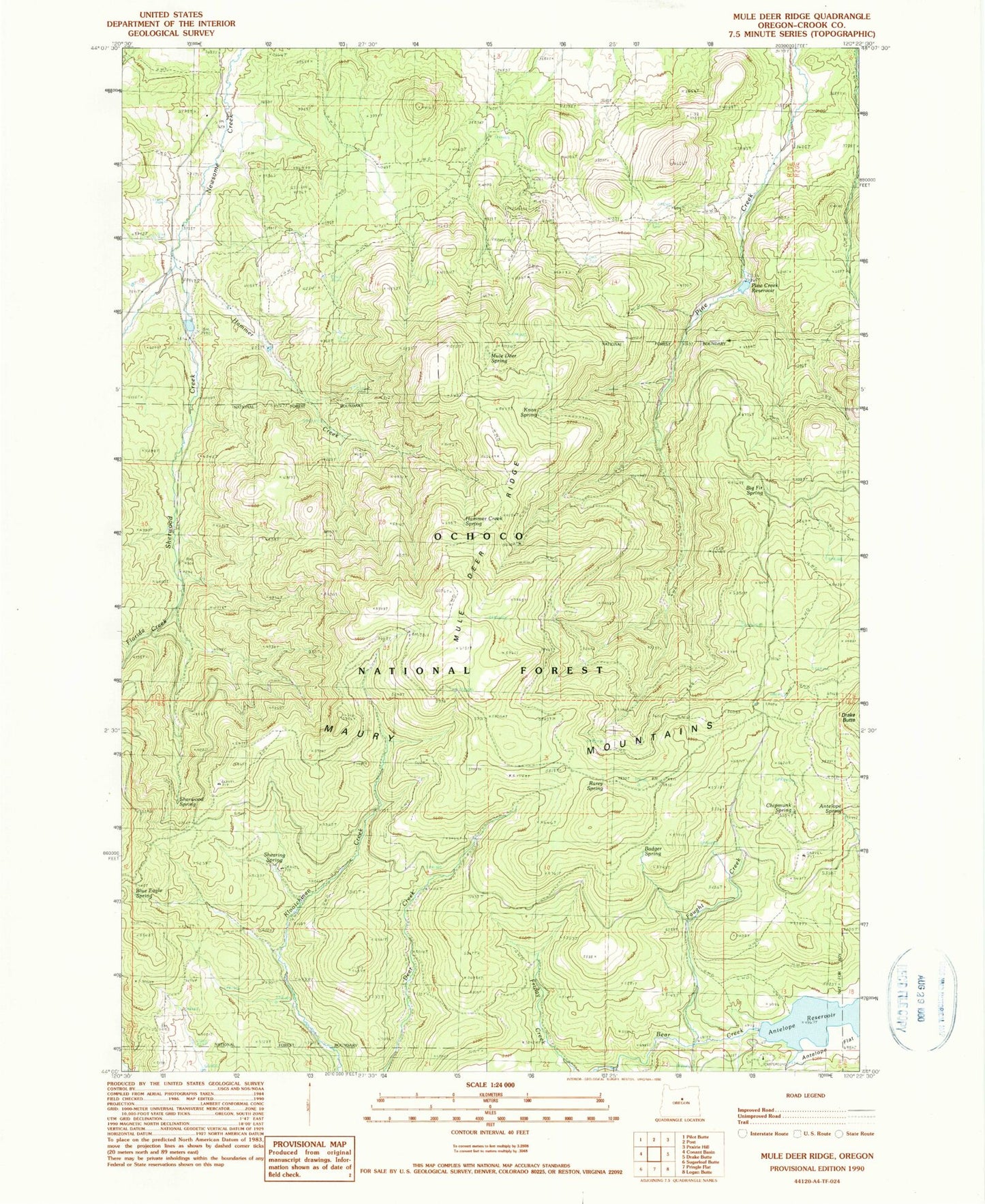 Classic USGS Mule Deer Ridge Oregon 7.5'x7.5' Topo Map Image