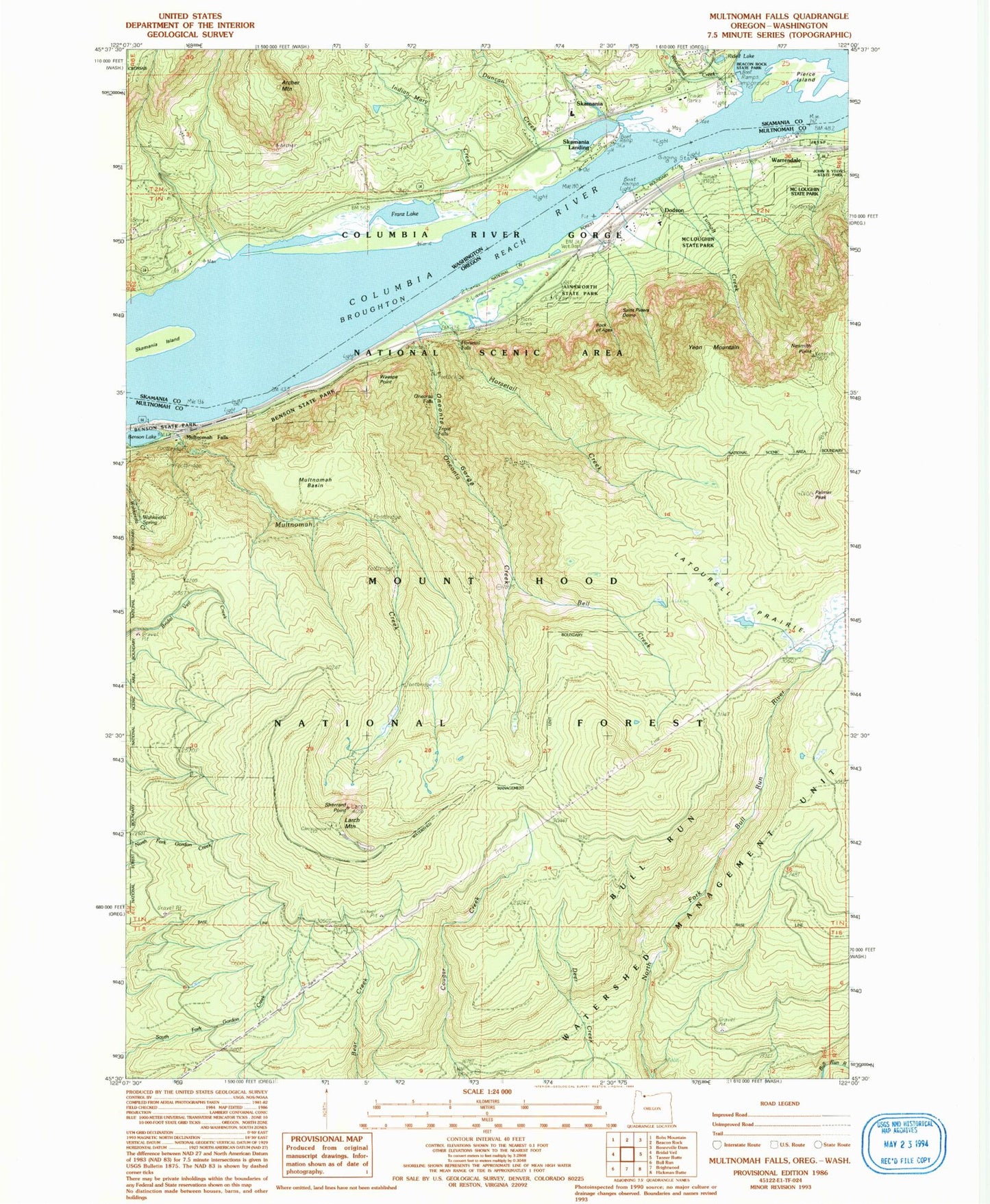 Classic USGS Multnomah Falls Oregon 7.5'x7.5' Topo Map Image