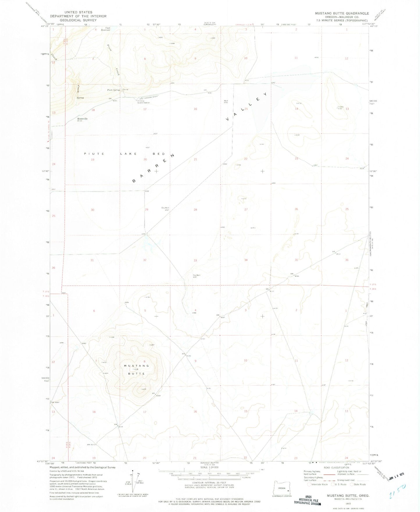 Classic USGS Mustang Butte Oregon 7.5'x7.5' Topo Map Image