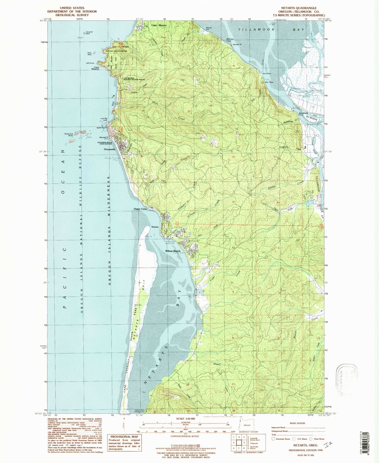 Classic USGS Netarts Oregon 7.5'x7.5' Topo Map Image