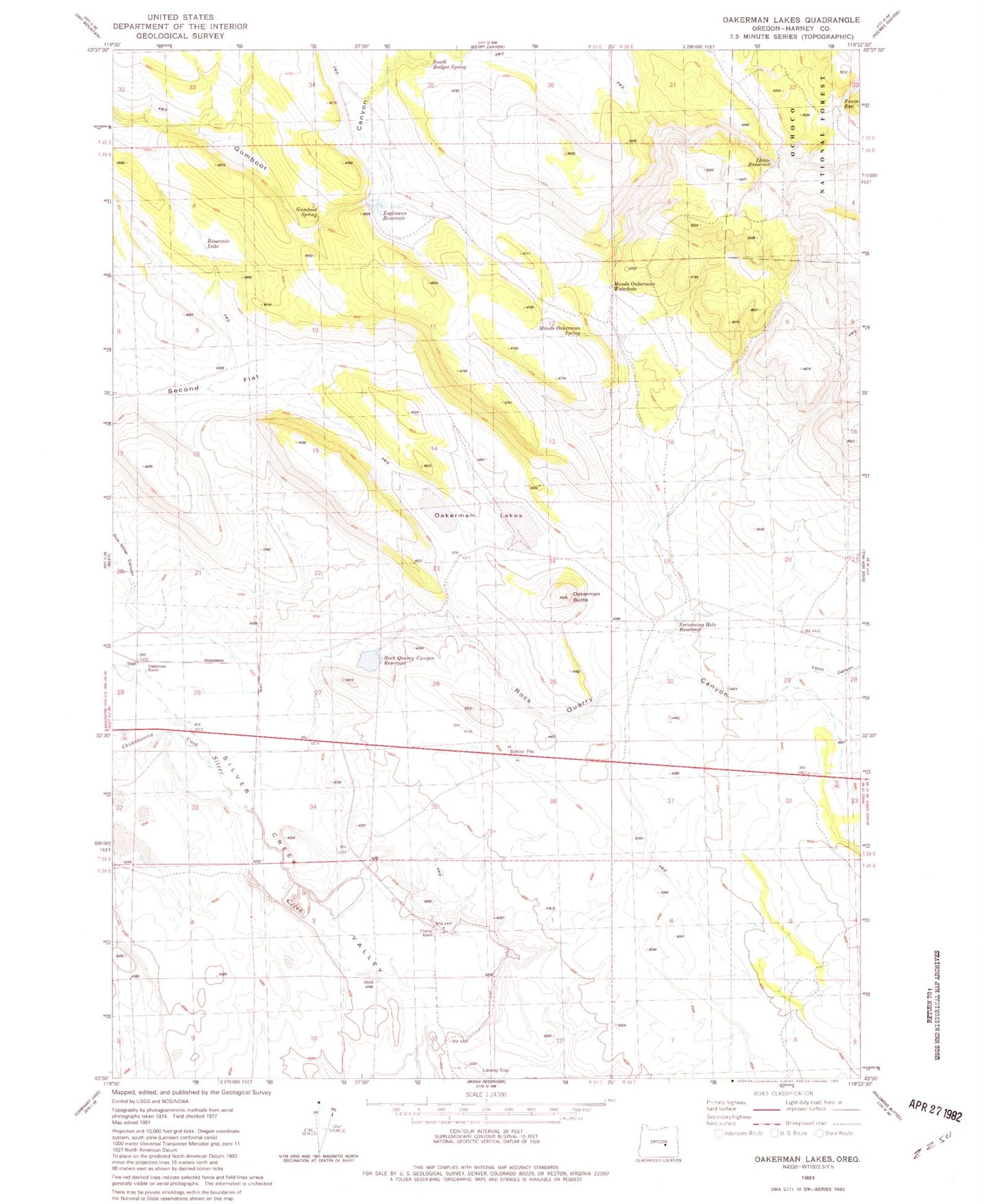 Classic USGS Oakerman Lakes Oregon 7.5'x7.5' Topo Map Image