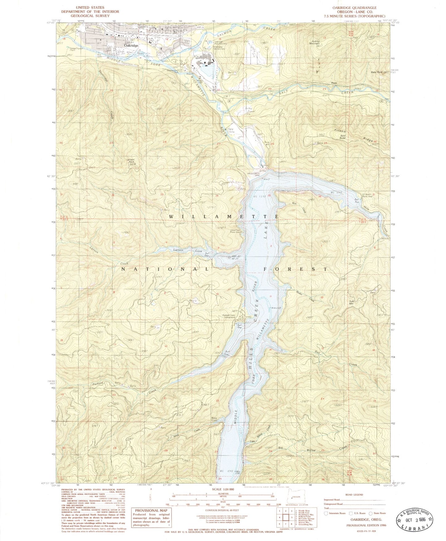 Classic USGS Oakridge Oregon 7.5'x7.5' Topo Map Image