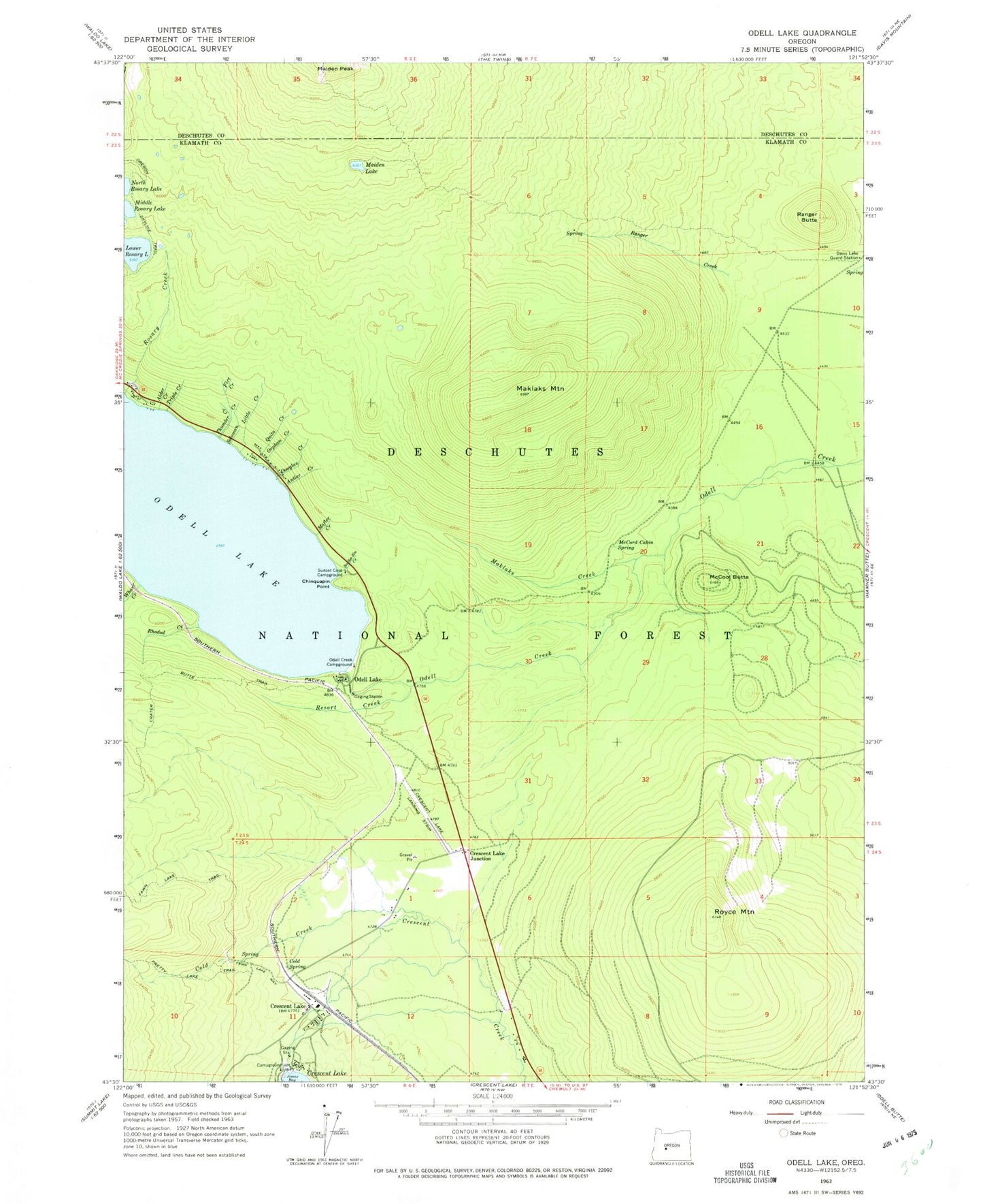 Classic USGS Odell Lake Oregon 7.5'x7.5' Topo Map Image
